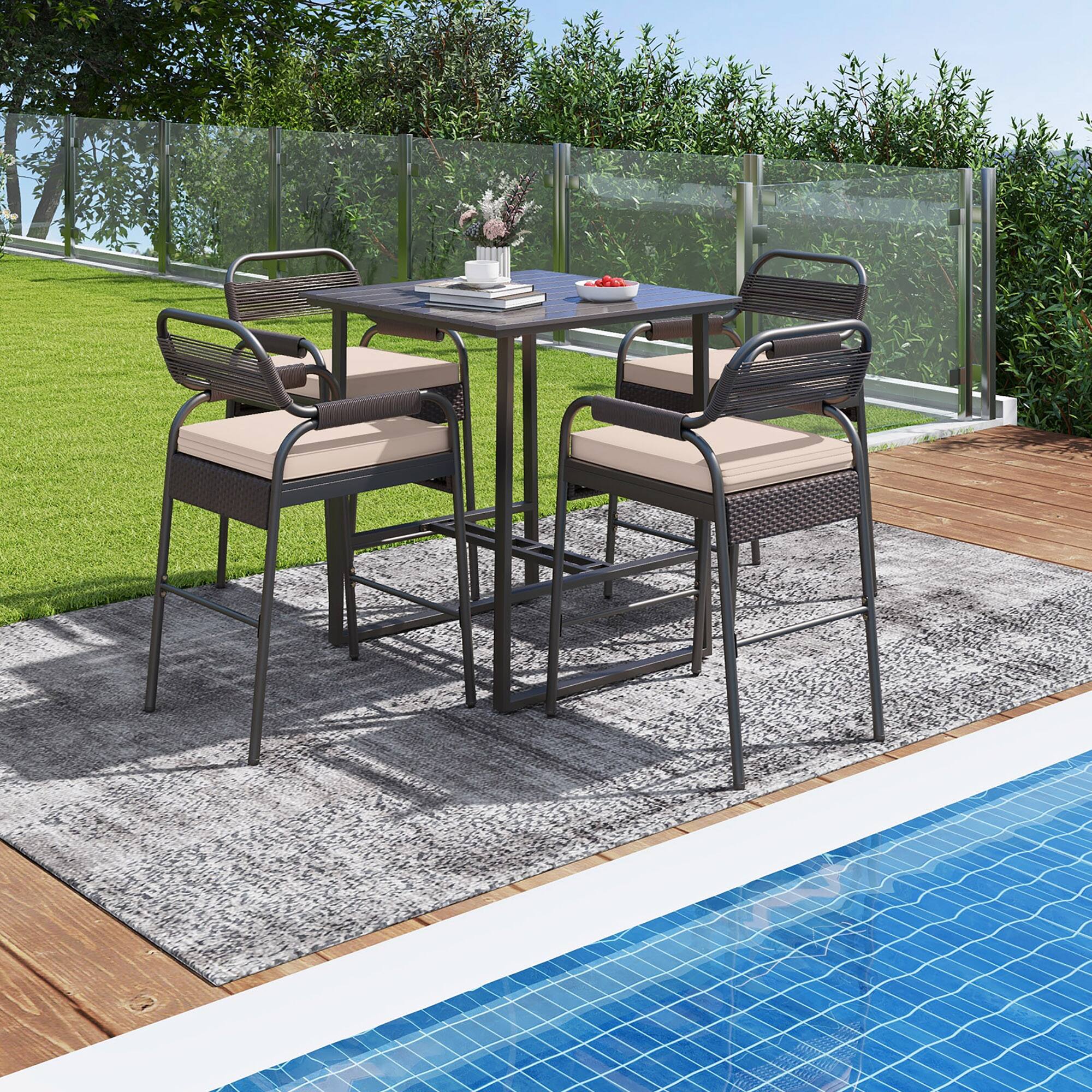 Alt View 4. Gymax - Gymax 5-Piece Patio Rattan Counter Set Counter Height Square Table w/ 4 Wicker Counter Stools - Mix Brown.