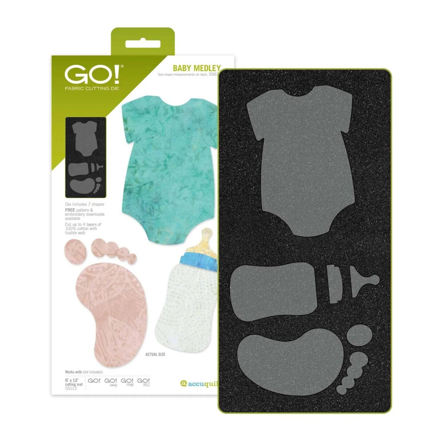 GO! FABRIC CUTTING DIE BABY MEDLEY See shape measurements on back 556 Die includes 7 shapes FREE pattern & embroidery downloads available Cut up to 4 layers of 100% cotton with tusible mat ACTUAL size Works with foot included 6 x12 GO! GO! GO! GO! cutting mat TM ES 55112 accuquil