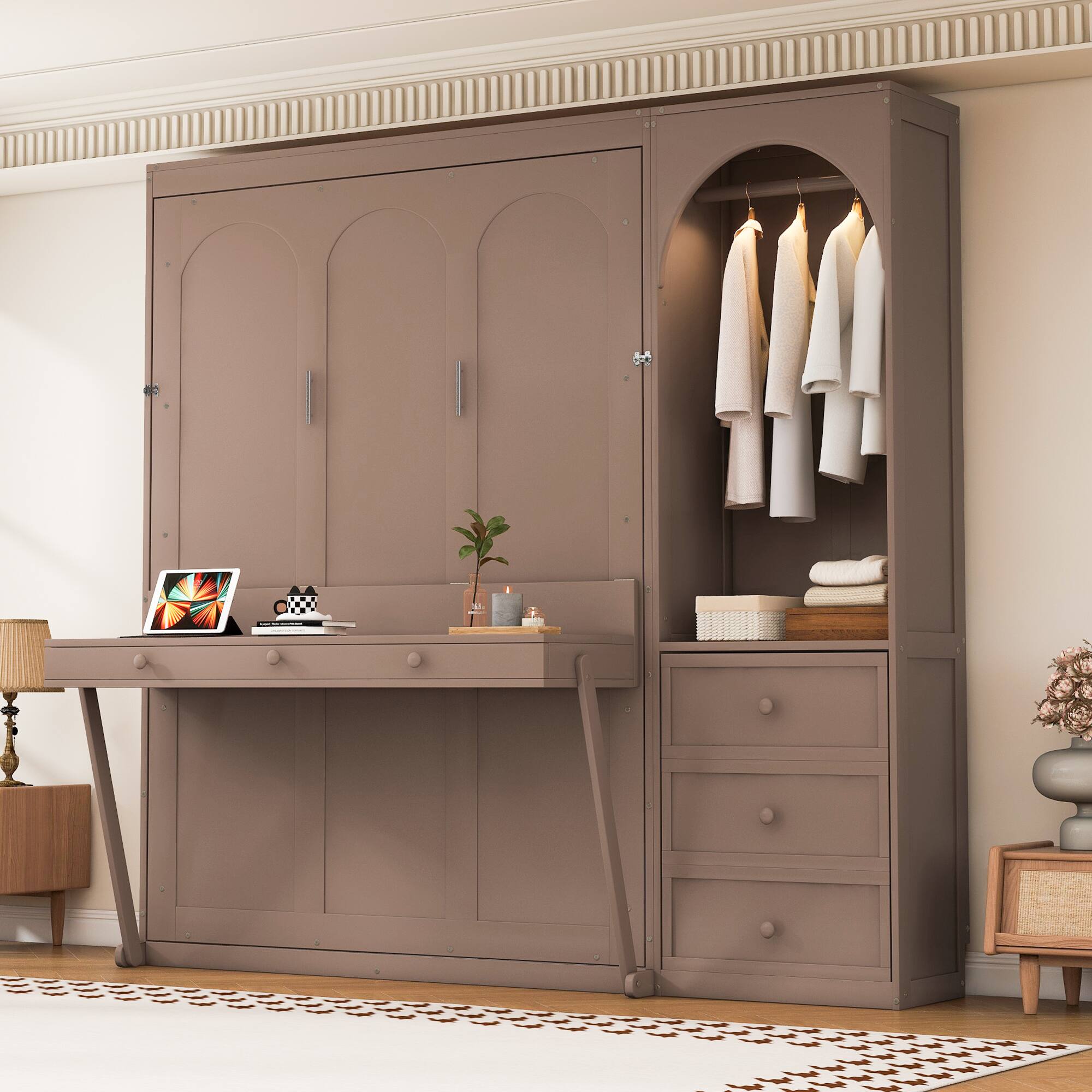Left. Whisen - Queen Size Murphy Bed with Storage Shelf, LED Light, Closet Rod & 3 Drawers, Space-Saving Desk Unit - Brown.