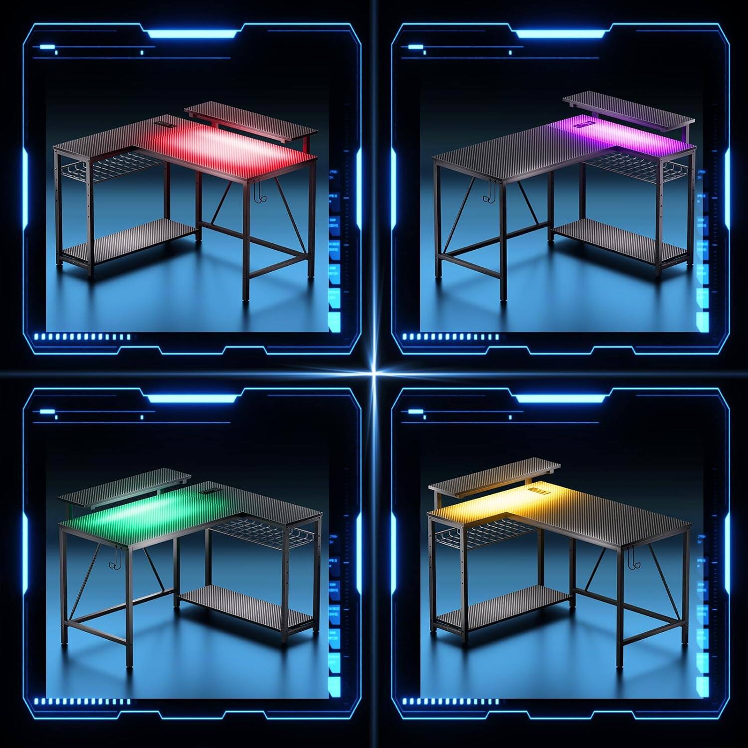 Alt View 4. Bestier - 42-inch L-shaped Gaming Desk with Power Outlets, LED Lights & Reversible Shelves for Small Spaces - Black Carbon Fiber.