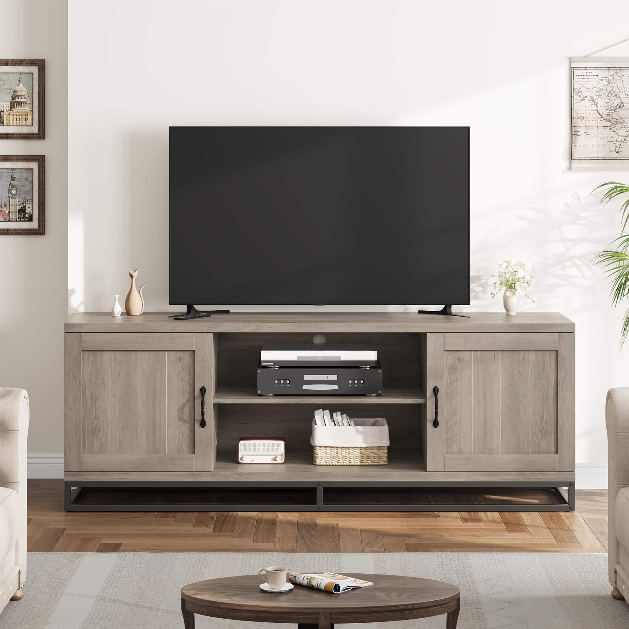 Acekool - Farmhouse TV Stand for 75inch, Grey Entertainment Center with Sturdy Metal Leg & Adjustable Shelves - Gray