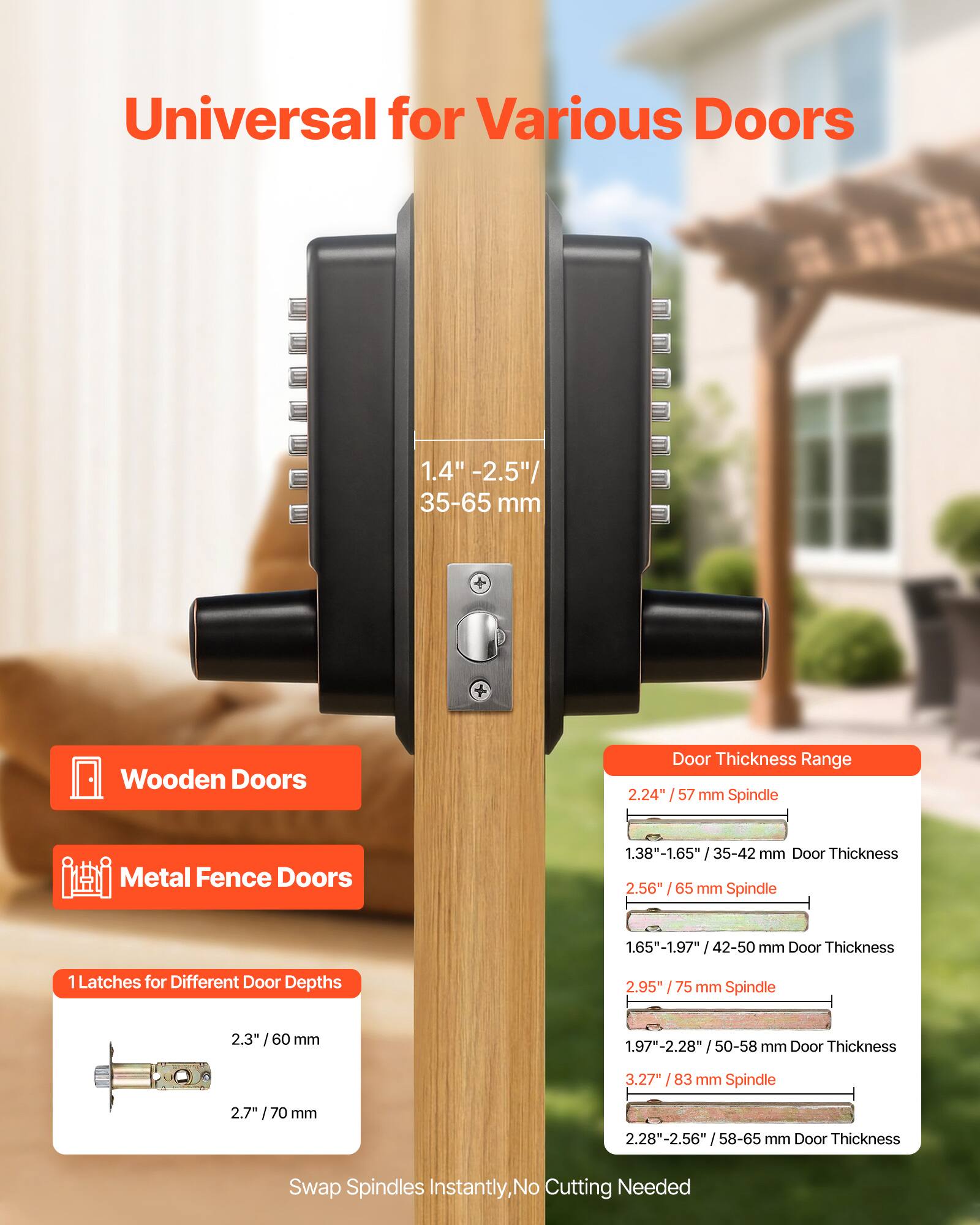 Universal for Various Doors

1.4" - 2.5" / 35-65 mm Wooden Doors
Door Thickness Range: 2.24" / 57 mm Spindle

Metal Fence Doors
1.38"-1.65" / 35-42 mm Door Thickness
2.56" / 65 mm Spindle
1.65"-1.97" / 42-50 mm Door Thickness

1 Latches for Different Door Depths
2.95" / 75 mm Spindle
2.3" / 60 mm
1.97"-2.28" / 50-58 mm Door Thickness
3.27" / 83 mm Spindle
2.7" / 70 mm
2.28"-2.56" / 58-65 mm Door Thickness

Swap Spindles Instantly, No Cutting Needed