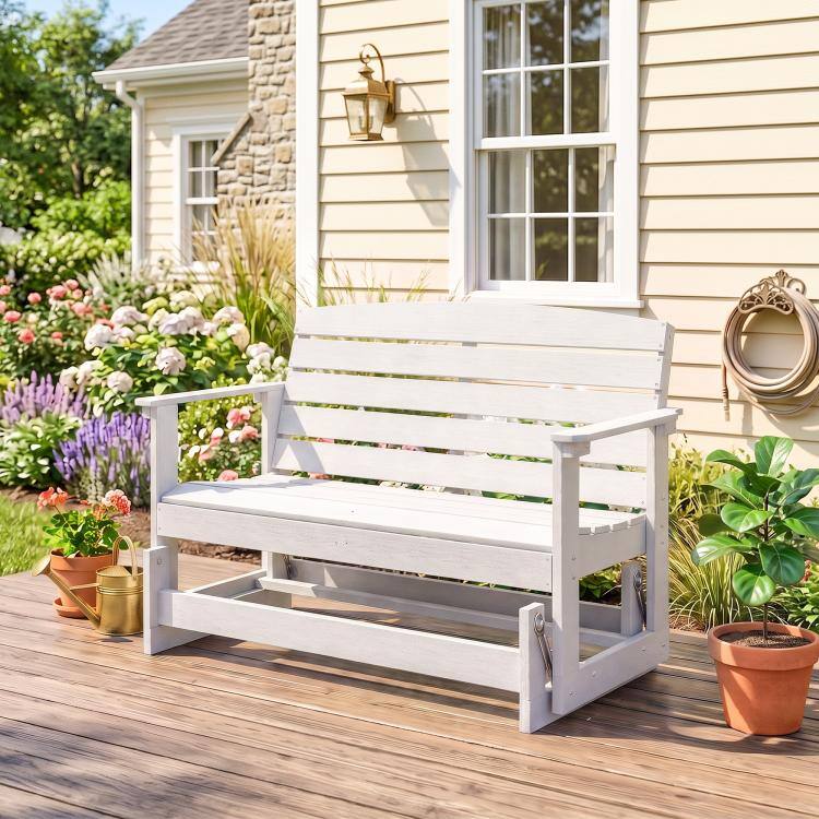 Alt View 2. PULUZ - Patio Glider Bench w/ HDPE Slatted Double Rocking Chair - White.