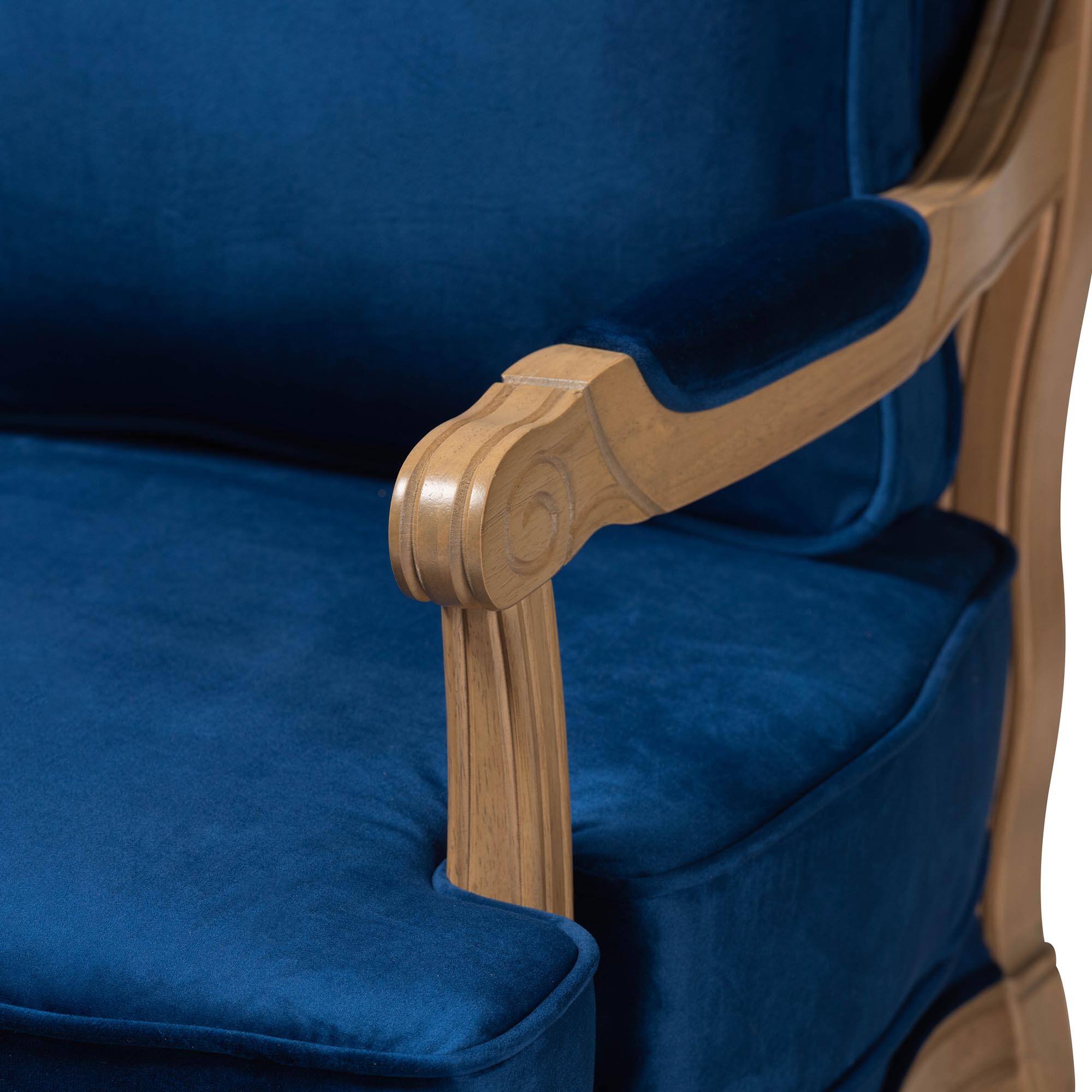 Alt View 2. Baxton Studio - Jules Traditional Fabric and French Oak Finished Wood Accent Chair - Navy Blue/ French Oak.