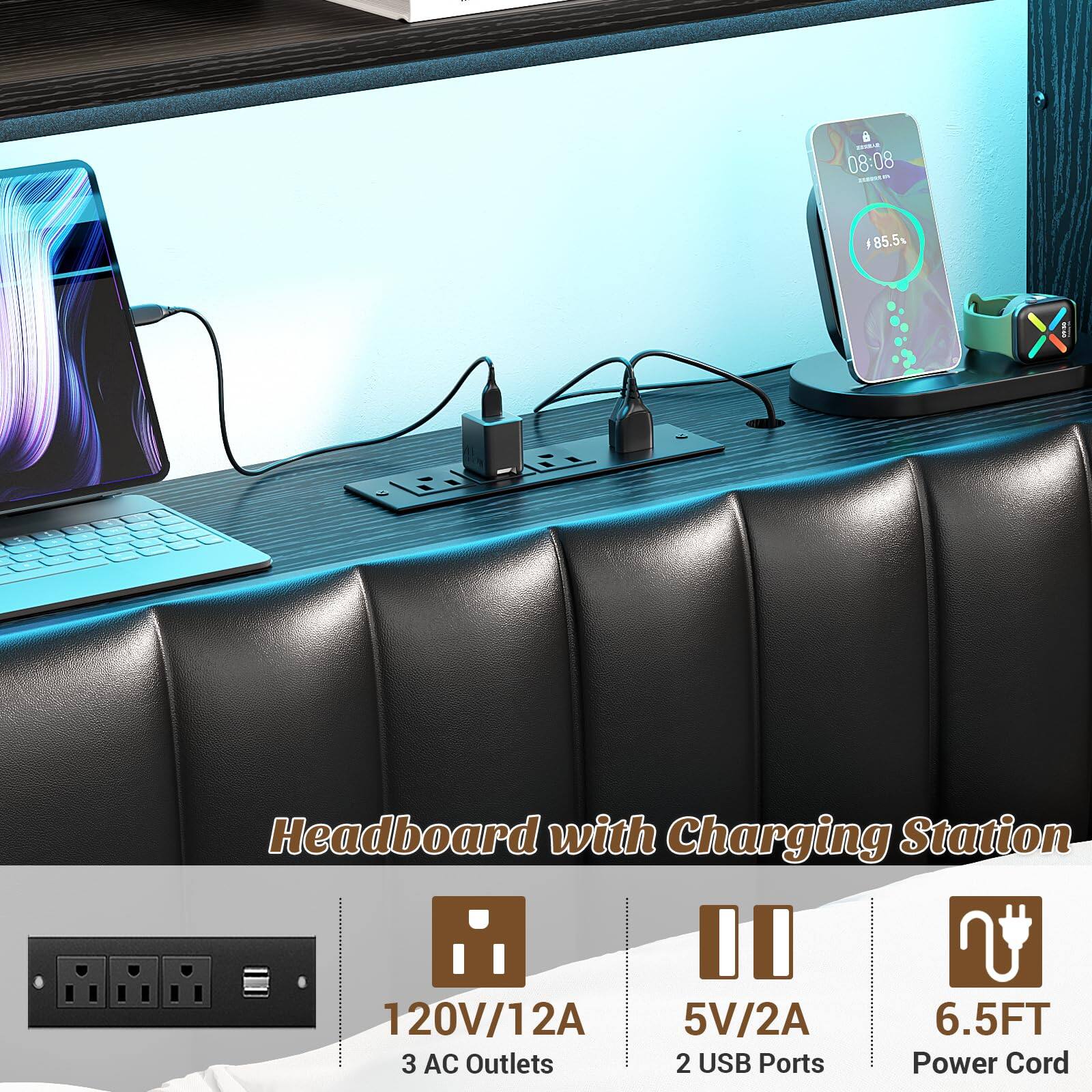 6 08:08 - - I 85.5% X Headboard with Charging Station U 120V/12A 2A 5V/2A 6.5FT 3 AC Outlets 2 USB Ports Power Cord