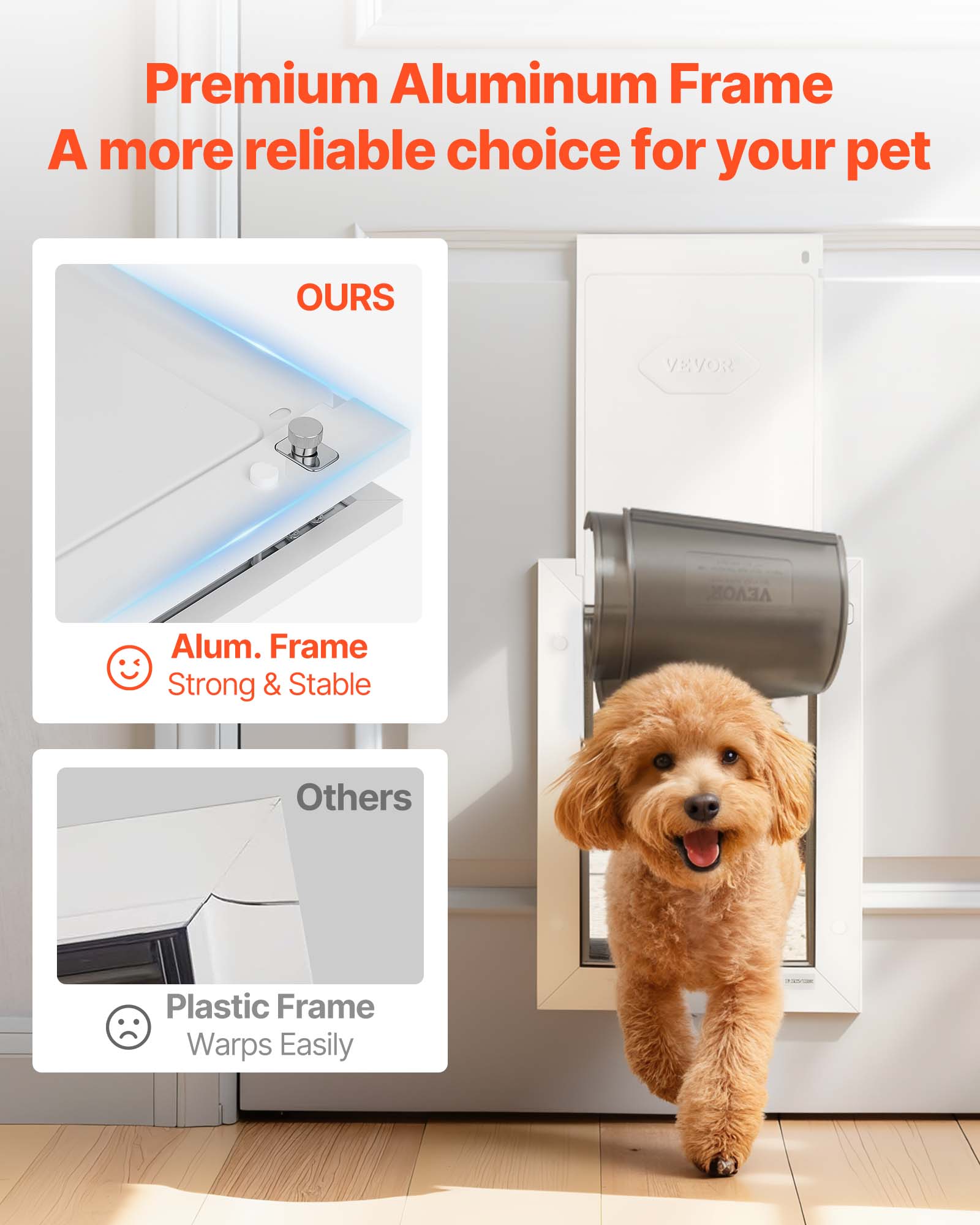 Premium Aluminum Frame  
A more reliable choice for your pet  

OURS  
Alum. Frame  
Strong & Stable  

Others  
Plastic Frame  
Warps Easily