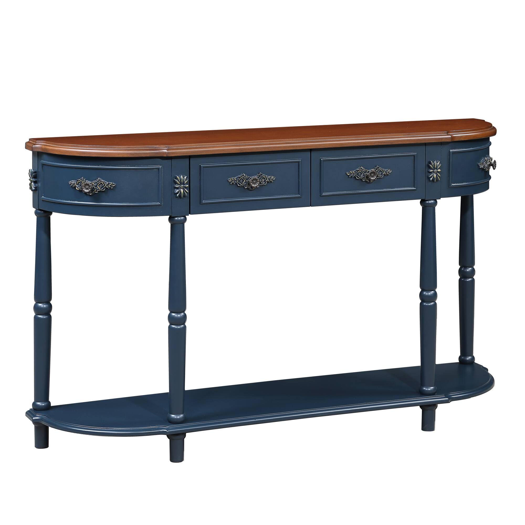 Alt View 6. GOODSILO - Retro Curved Wood Console Table with Open Shelf and Drawers Half Moon Sofa Table Solid Wood Entry Table - Navy Blue.