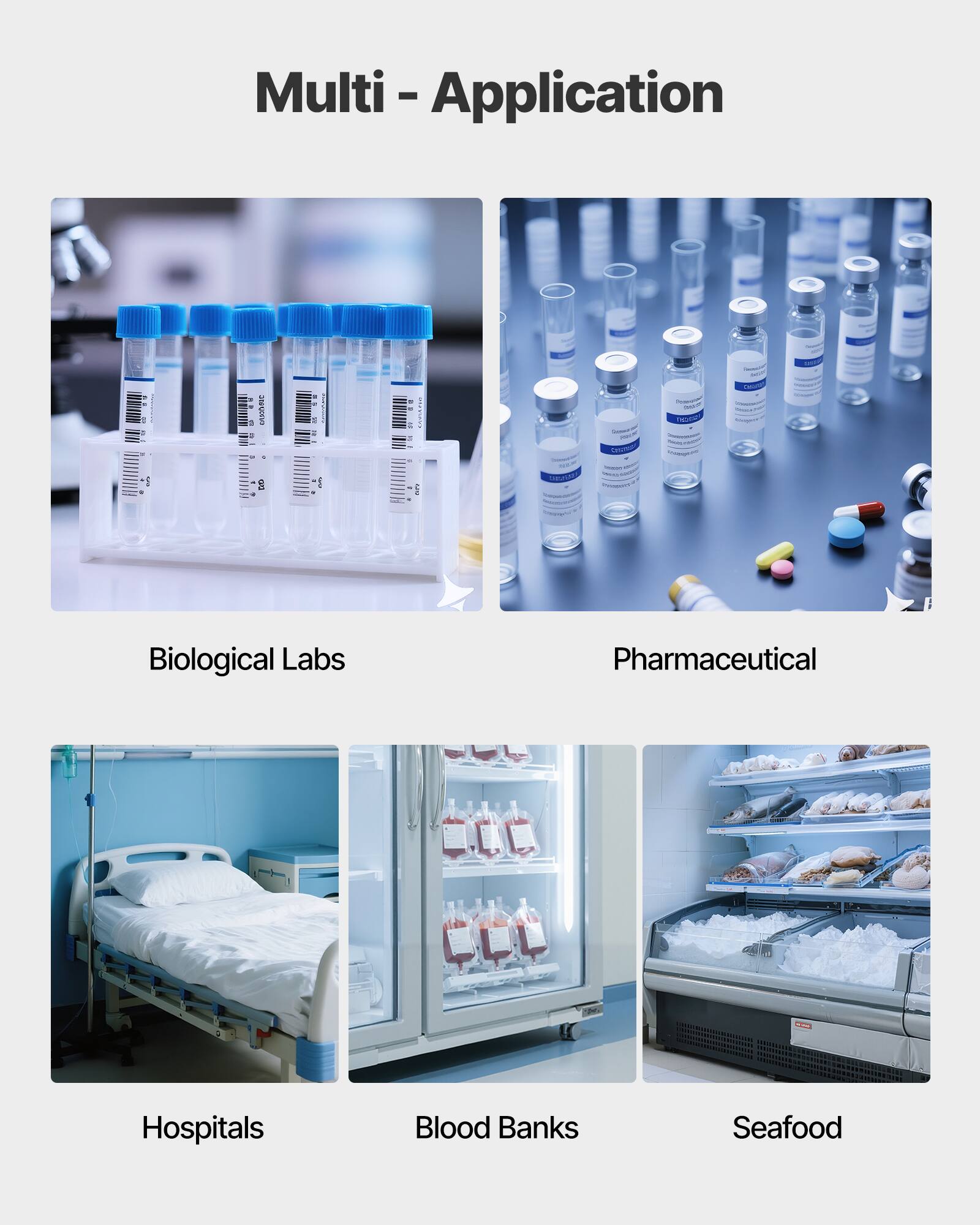 Multi - Application

- Biological Labs
- Pharmaceutical
- Hospitals
- Blood Banks
- Seafood