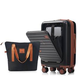 BreeBe - Front-Opening 20" Carry-On Luggage Set, Expandable ABS Hardshell Two-Piece Suitcases with USB Port and Cup Holder - Black+Brown