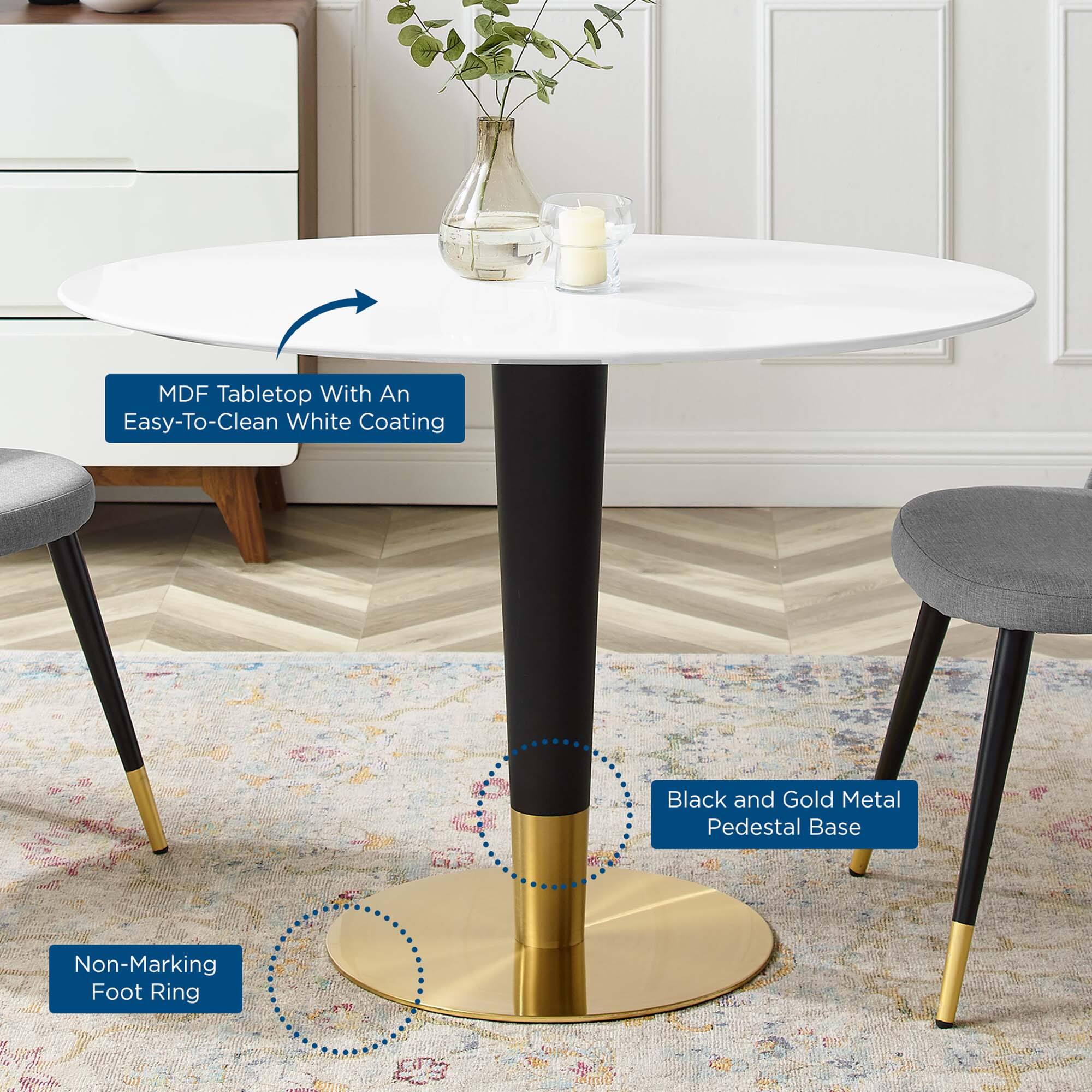 MDF Tabletop With An Easy-To-Clean White Coating  
Black and Gold Metal Pedestal Base  
Non-Marking Foot Ring