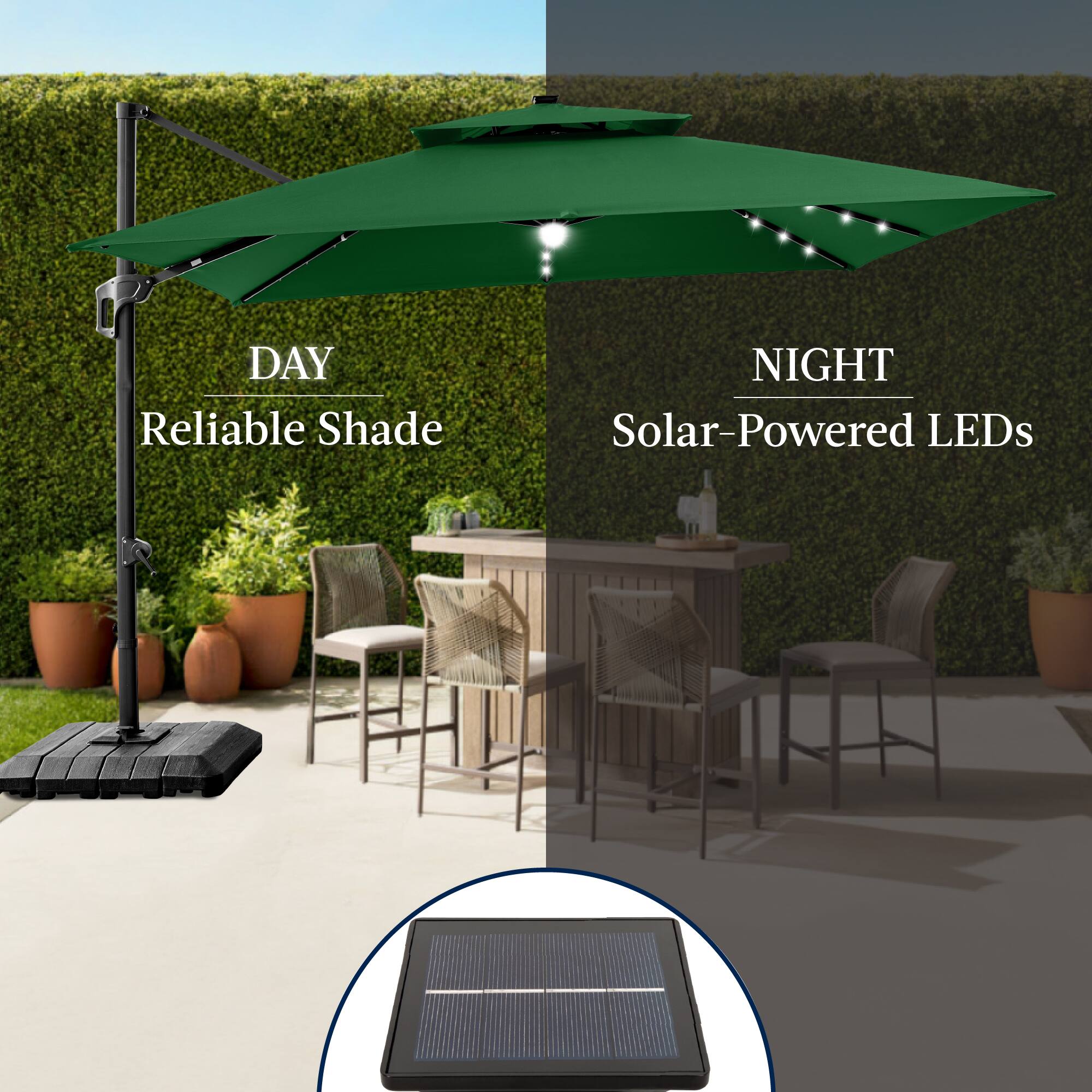 DAY  
Reliable Shade  

NIGHT  
Solar-Powered LEDs