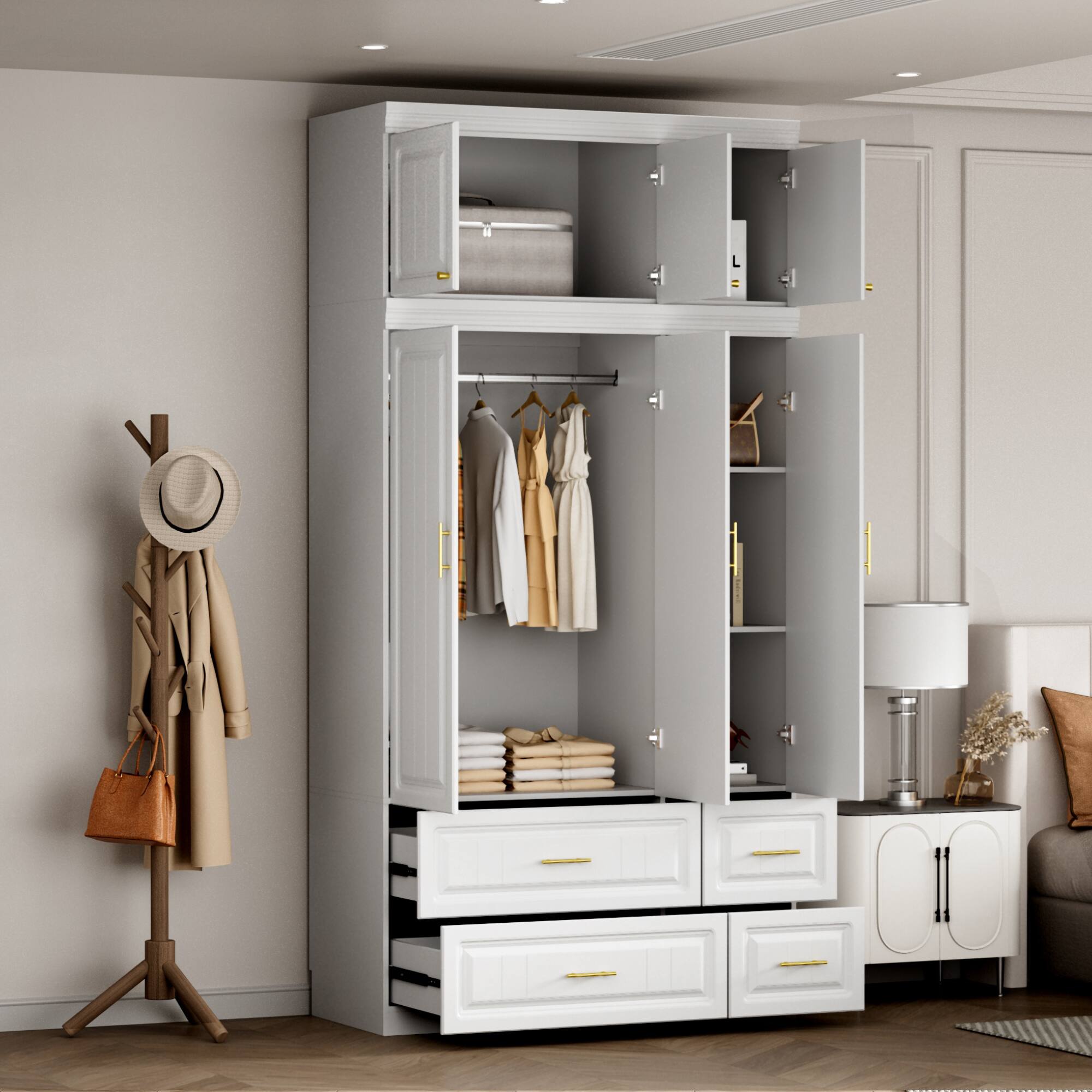 Left. Famapy - Extra-Large Wardrobe with Top Cabinet – White Closet with Gold Handles, Hanging Rods, Drawers & Shelving - White.