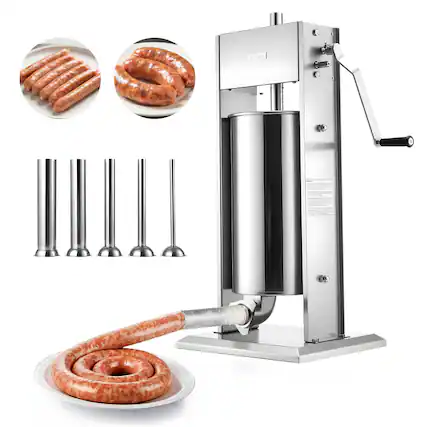 Front. VEVOR - Manual Sausage Stuffer, 33 LBS / 15 L Vertical Meat Stuffer, Heavy Duty Sausage Casing Meat Stuffing Machine - Silver.