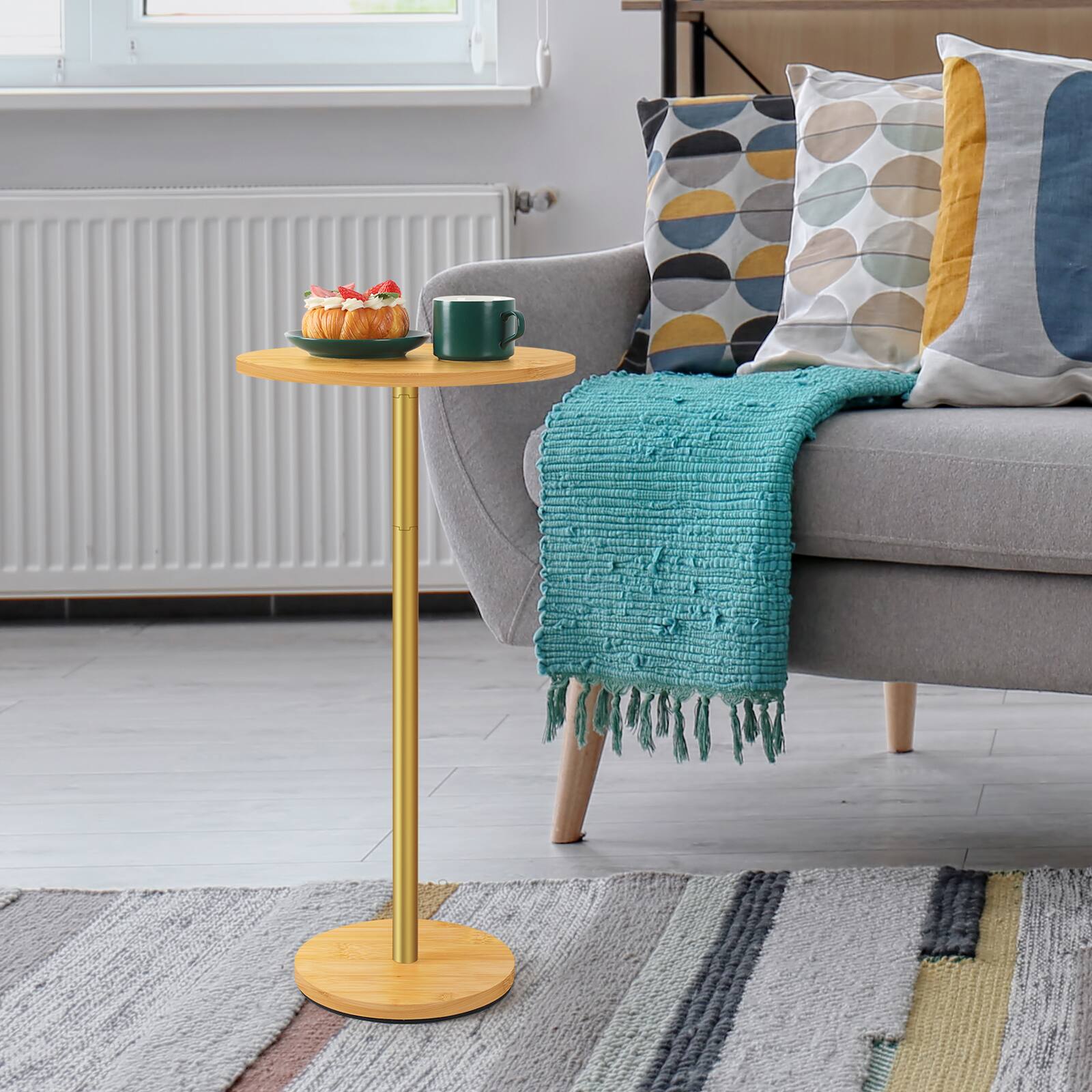 Alt View 3. Oumilen - Natural Bamboo Round Side Table with Gold Pole - Natural.