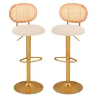 Costway - Height-adjustable Bar Stool Set of 2 Swivel Bar Chairs with PE Rattan Backrest - Natural + Beige + Gold - Front_Zoom