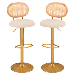 Costway - Height-adjustable Bar Stool Set of 2 Swivel Bar Chairs with PE Rattan Backrest - Natural + Beige + Gold