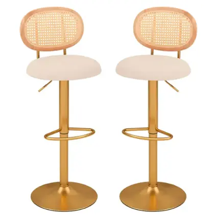 Costway - Height-adjustable Bar Stool Set of 2 Swivel Bar Chairs with PE Rattan Backrest - Natural + Beige + Gold