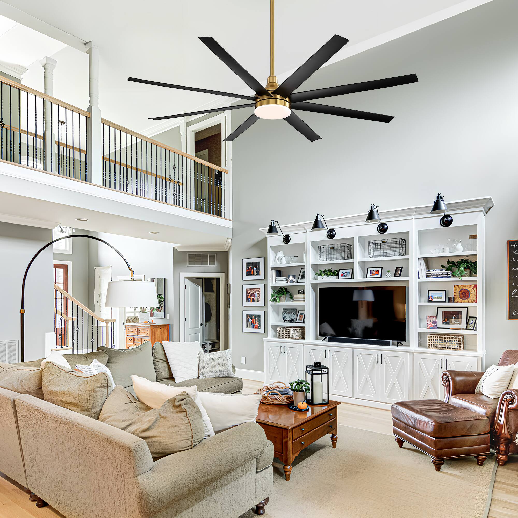 Alt View 1. Breezary - 72" Large Indoor Ceiling Fan with Remote, 8 ABS Blades, 6-Speed DC Motor, Timer, 7''/12''Downrods, Light/No Light Option - Gold and Black (With Light).