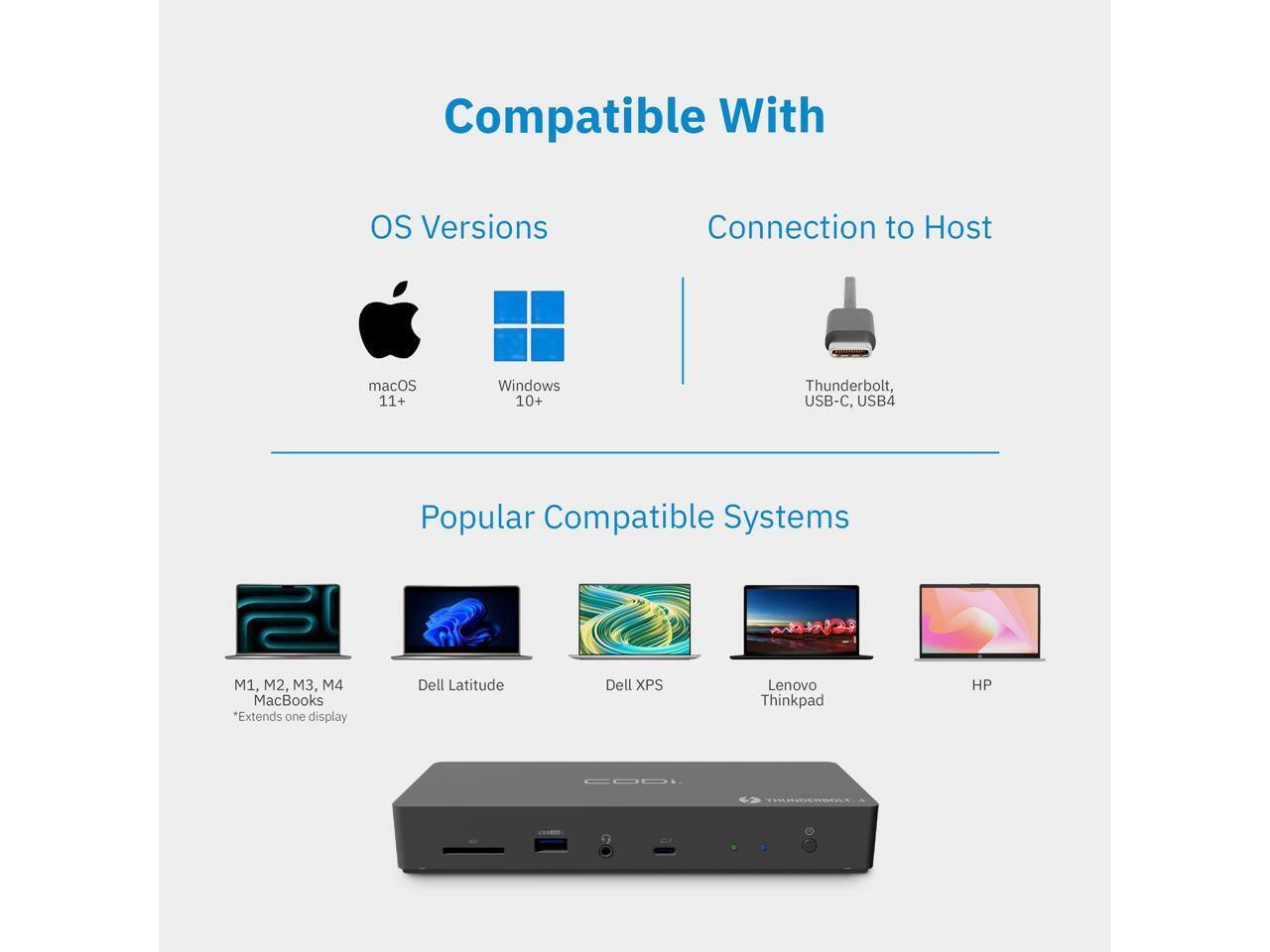 Compatible With

OS Versions
- macOS 11+
- Windows 10+

Connection to Host
- Thunderbolt, USB-C, USB4

Popular Compatible Systems
- M1, M2, M3, M4 MacBooks *Extends one display
- Dell Latitude
- Dell XPS
- Lenovo Thinkpad
- HP