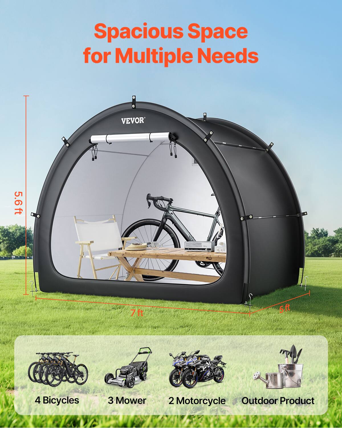 Spacious Space for Multiple Needs VEVOR 5.6ft 7ft 5ft 4 Bicycles 3 Mower 2 Motorcycle Outdoor Product