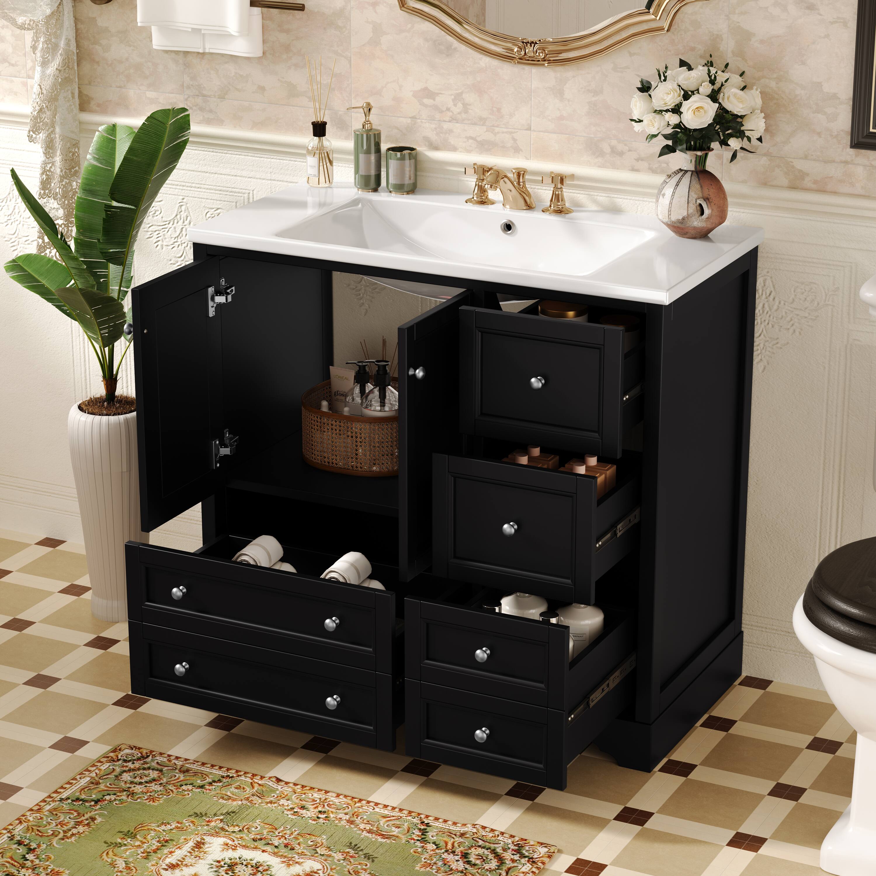 Alt View 1. Tiramisubest - 36inch Bathroom Vanity with Sink,Solid Wood Freestanding Bathroom Vanities with 4 Storage Drawers and Shelf - Black.