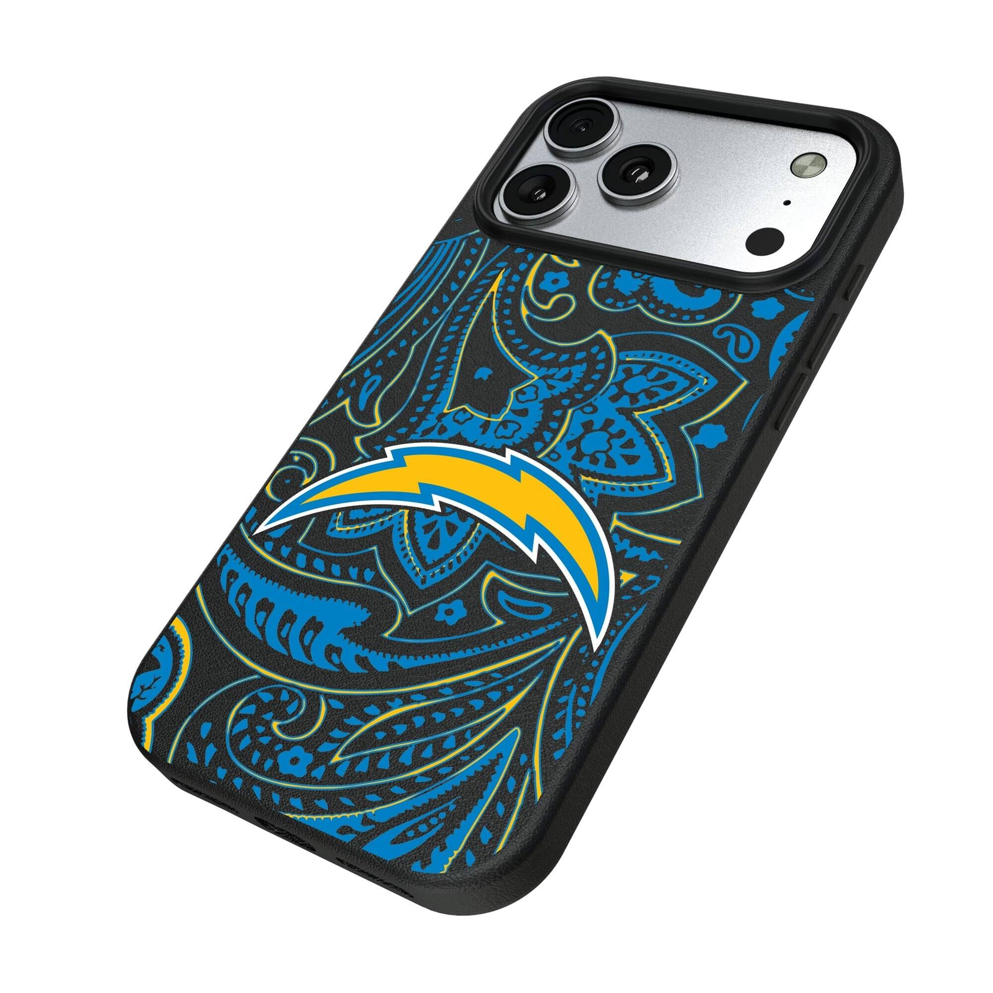 Alt View 1. Keyscaper - Los Angeles Chargers Paisley iPhone Magnetic Bump Case - 16 Pro - Black.