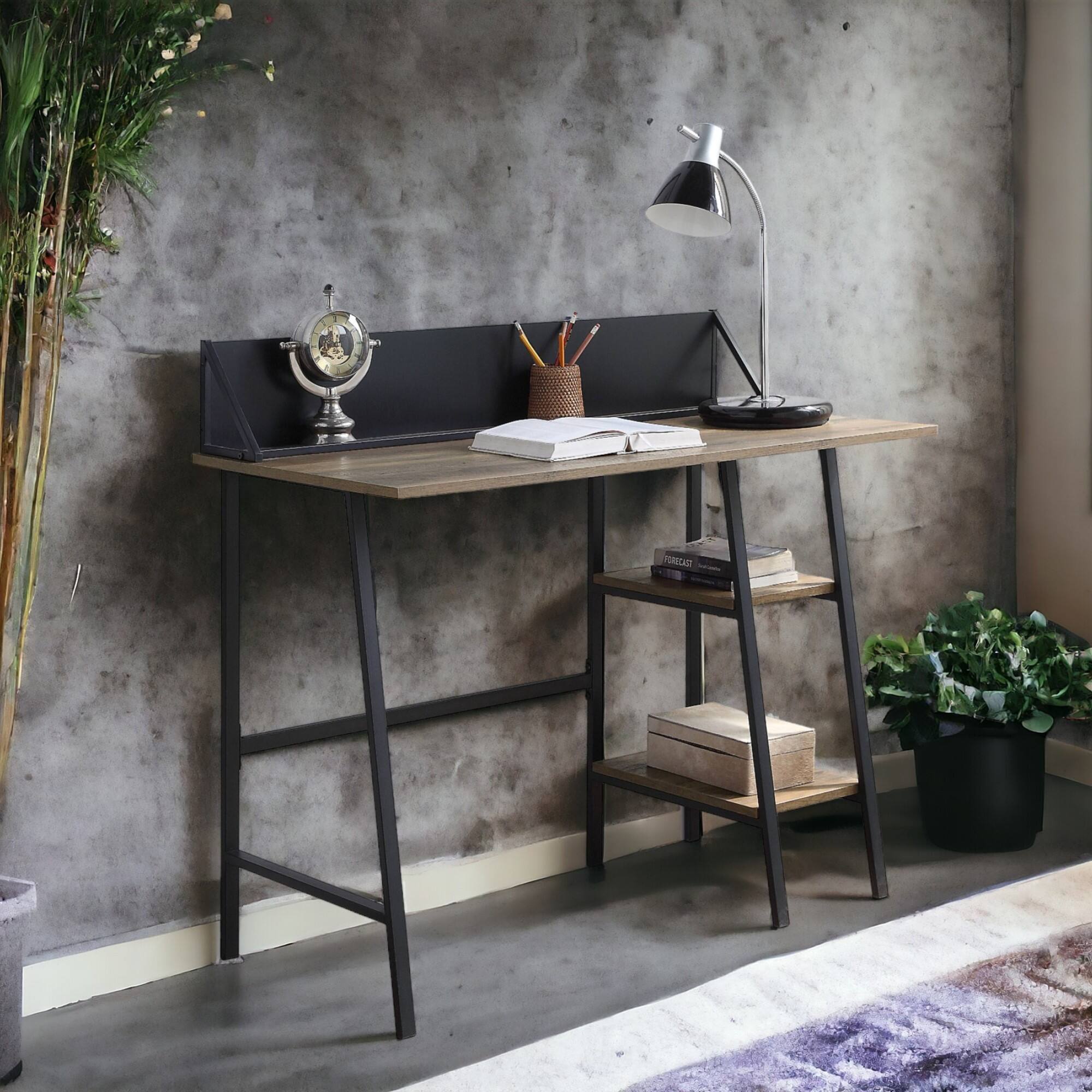 Angle. GOODSILO - Rustic Oak Writing Desk with Black Metal Legs and Integrated Storage Shelf for Modern Home Office - Oak.