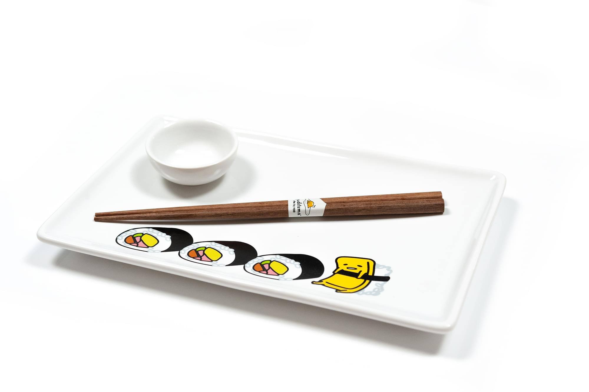 Alt View 1. Seven20 - Gudetama Stoneware Sushi Set | Plate | Wasabi Dish | Chopsticks - White.