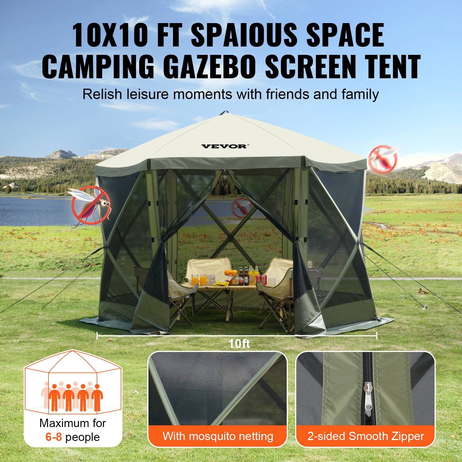 10X10 FT SPACIOUS SPACE CAMPING GAZEBO SCREEN TENT Relish leisure moments with friends and family VEVOR 10ft Maximum for 6-8 people With mosquito netting 2-sided Smooth Zipper