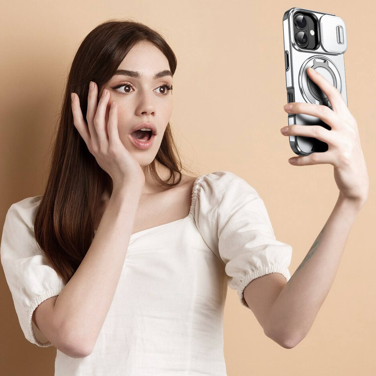 Alt View 6. UUCOVER - Magnetic Case with Slide Camera Lens Cover & 360° Ring Kickstand for Apple iPhone 16 - Drop Protection Shockproof Shell - Silver.