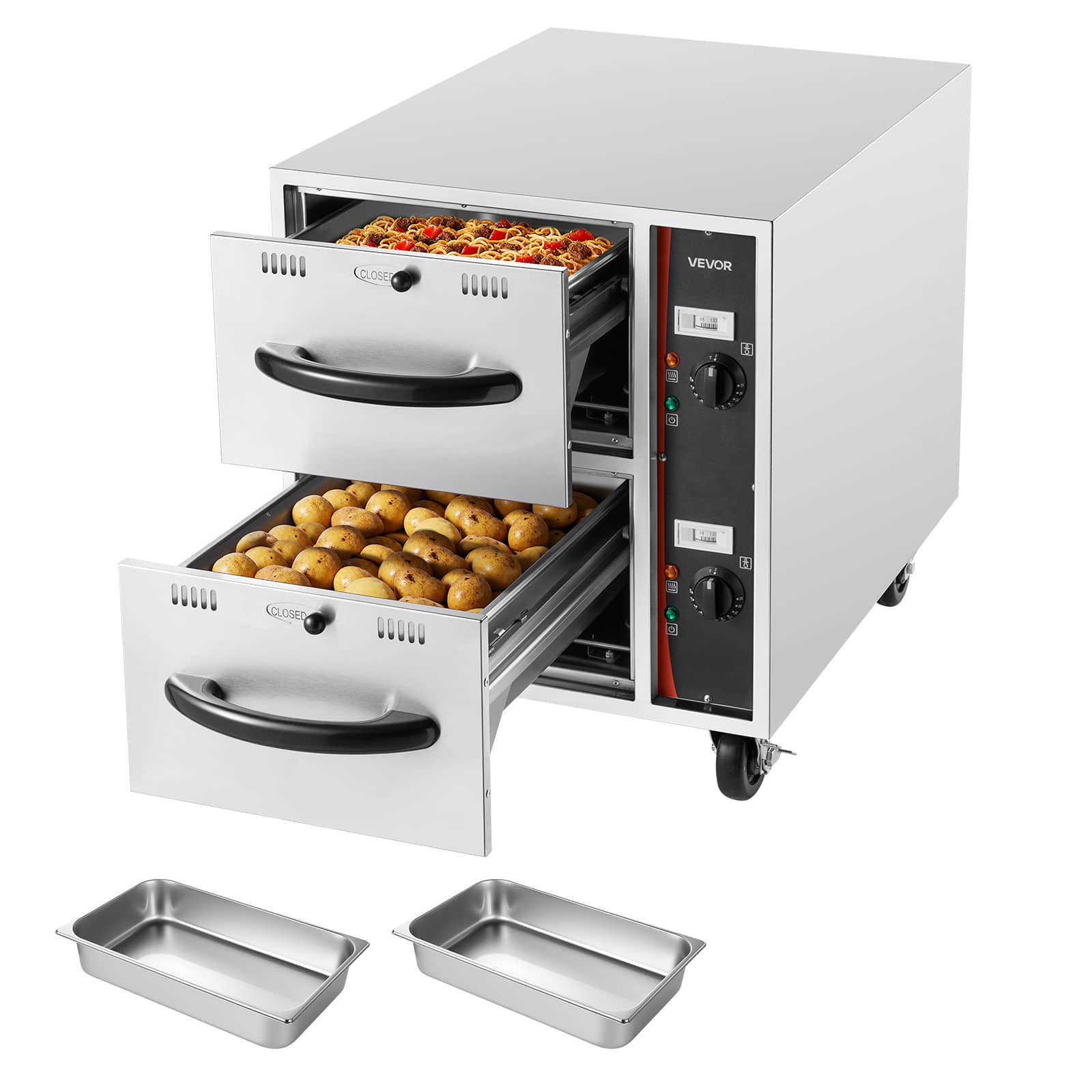 VEVOR - Commercial Electric Drawer Warmer, 2 Full-Size Pan Stainless Steel Food Warmer, Freestanding Standard Warming Drawer - Silver