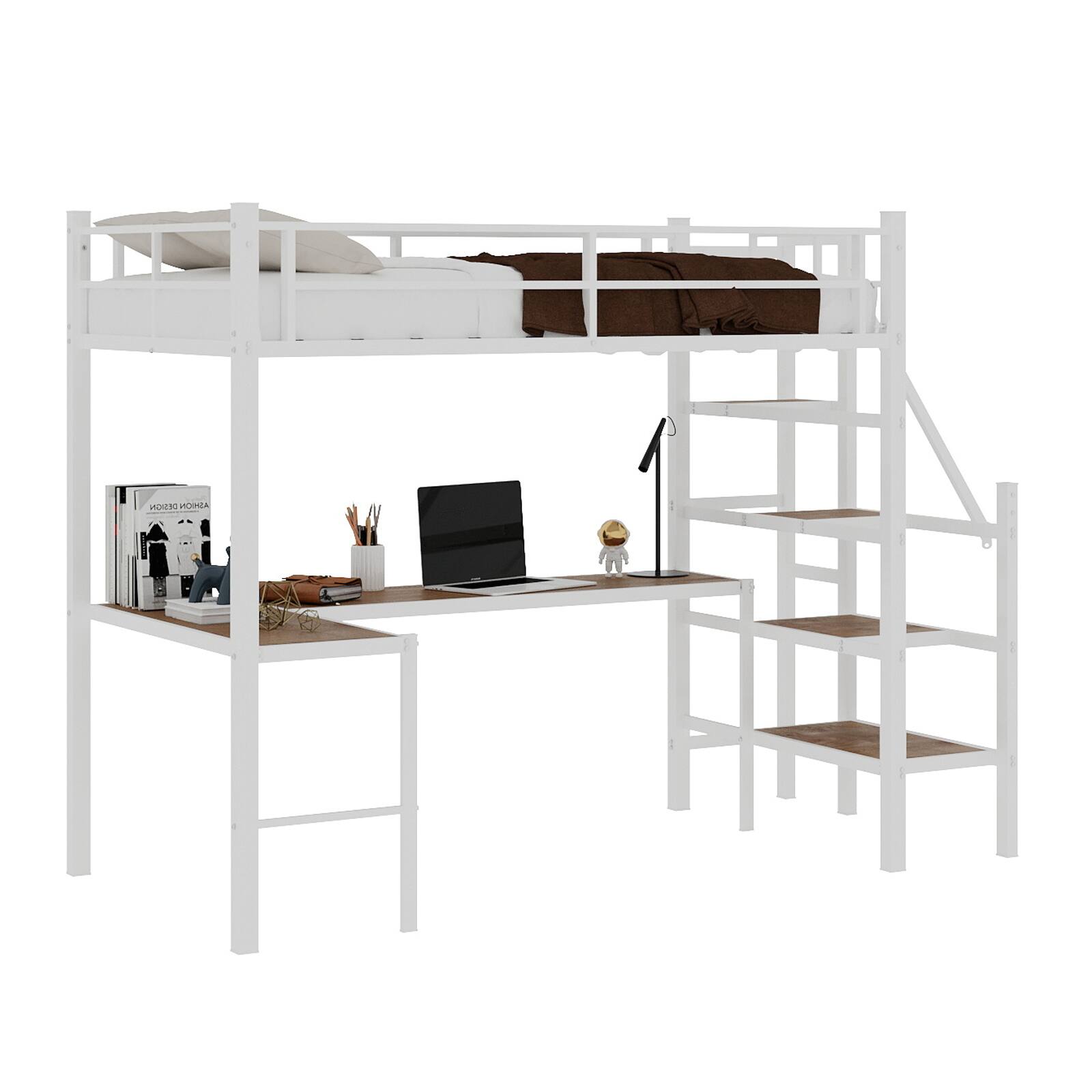 Alt View 7. Loheer - Loheer Twin Size White Iron and Wood Loft Bed with Built In Desk Space Saving Compact Frame - White.