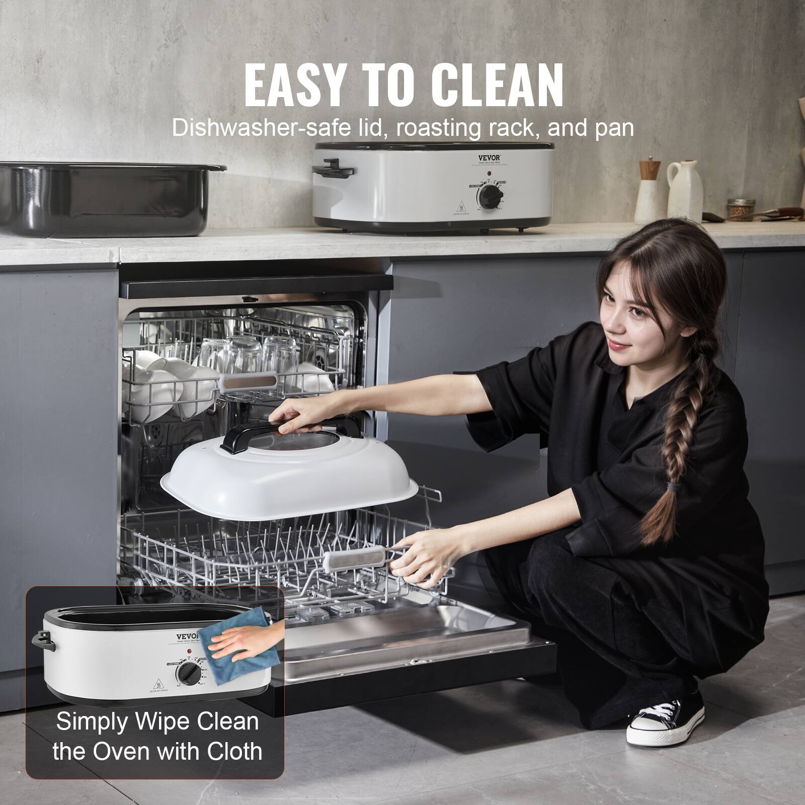 EASY TO CLEAN Dishwasher-safe lid, roasting rack, and pan

Simply Wipe Clean the Oven with Cloth
