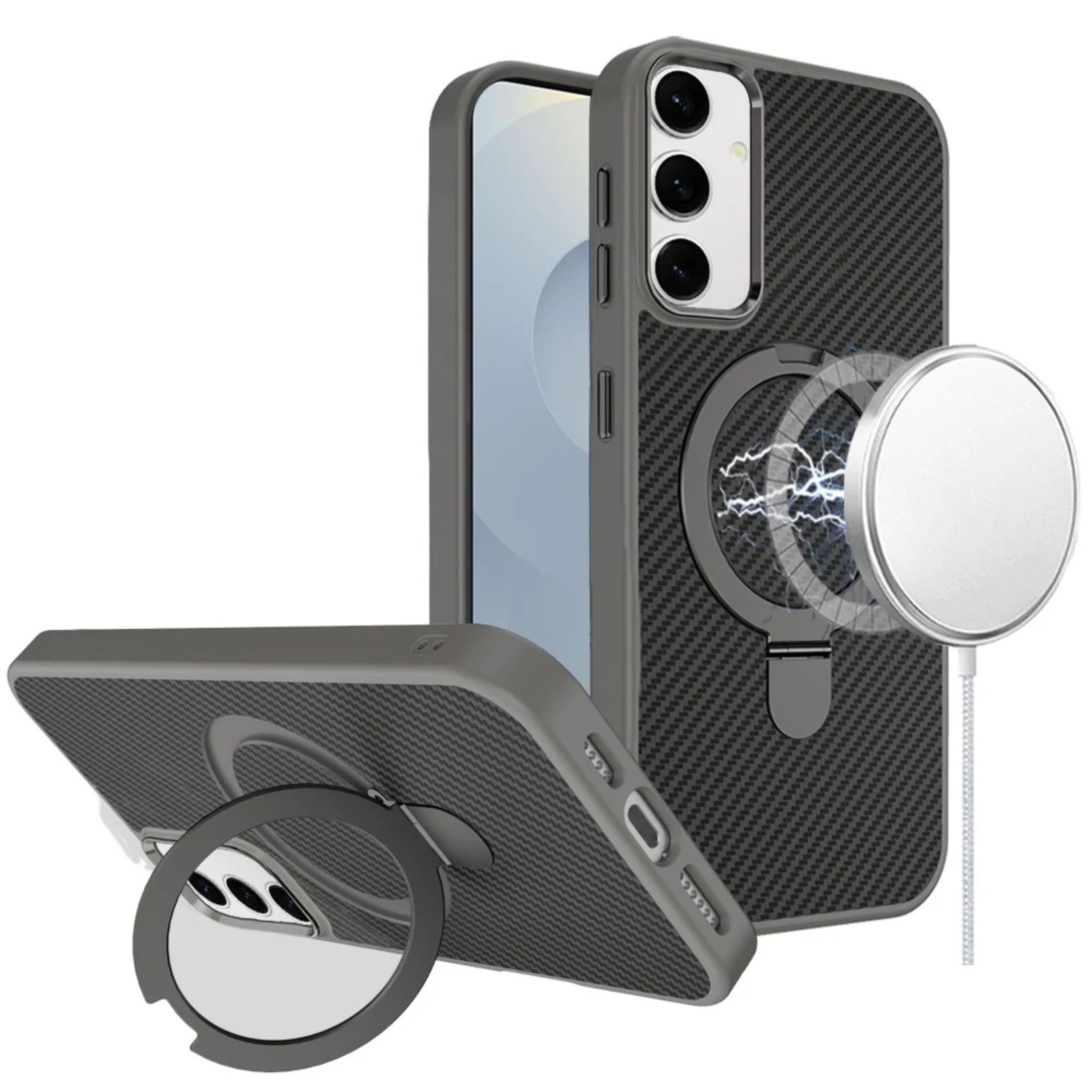 Kitcheniva - Carbon Fiber Magnetic Circle Stand Protective Cover With Tempered Glass For Samsung S26 6.3 Inch Grey - Gray price history on PriceWatchPro
