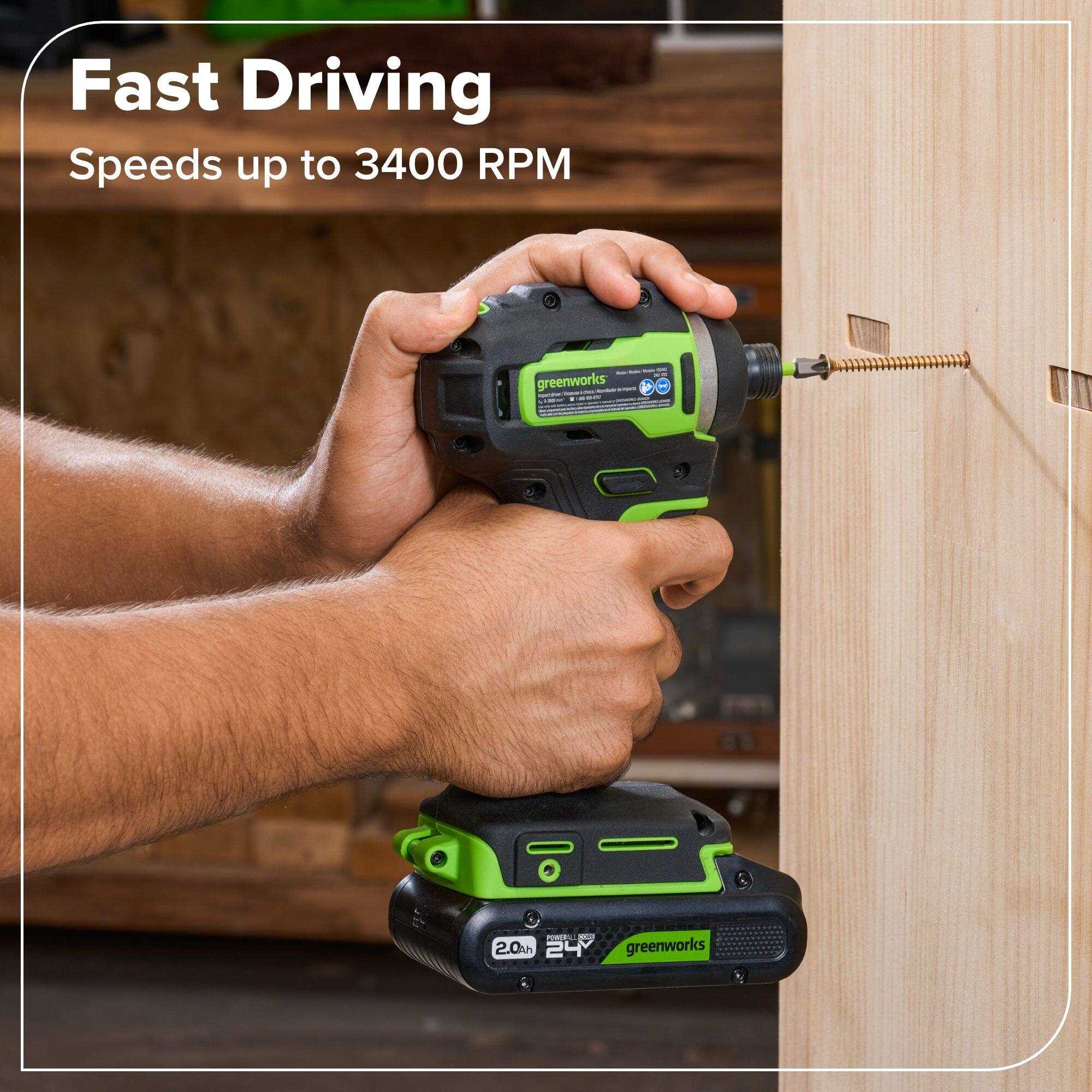Fast Driving  
Speeds up to 3400 RPM  
greenworks  
2.0Ah  
24