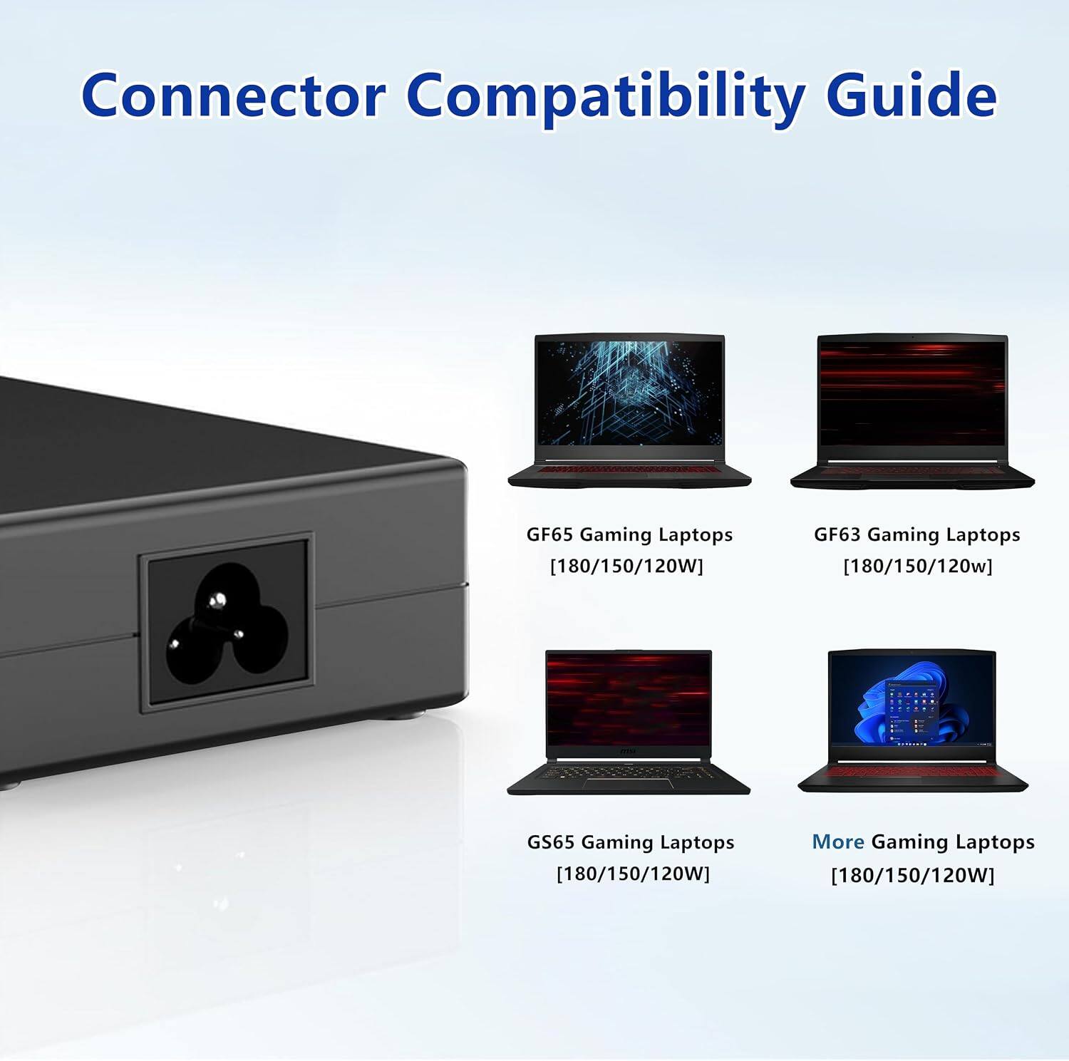 Connector Compatibility Guide

GF65 Gaming Laptops [180/150/120W]  
GF63 Gaming Laptops [180/150/120W]  
GS65 Gaming Laptops [180/150/120W]  
More Gaming Laptops [180/150/120W]