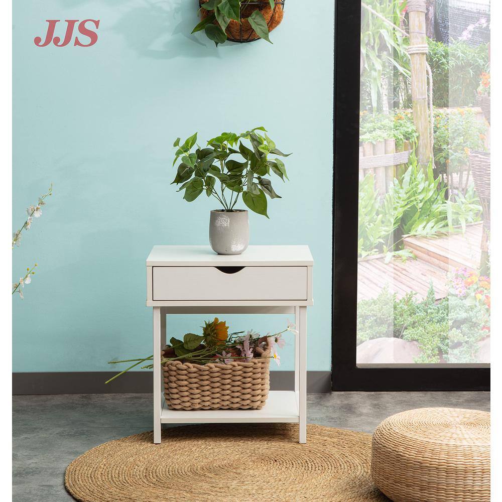 Alt View 1. JJS - Bedside Table With Drawer And Storage Shelves - White.