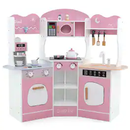 Costway - Corner Kitchen Playset with Coffee Machine Oven Microwave Washing Machine - Pink