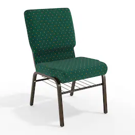 Emma + Oliver - 18.5"W Church/Reception Guest Chair with Book Rack - Green Patterned Fabric/Gold Vein Frame