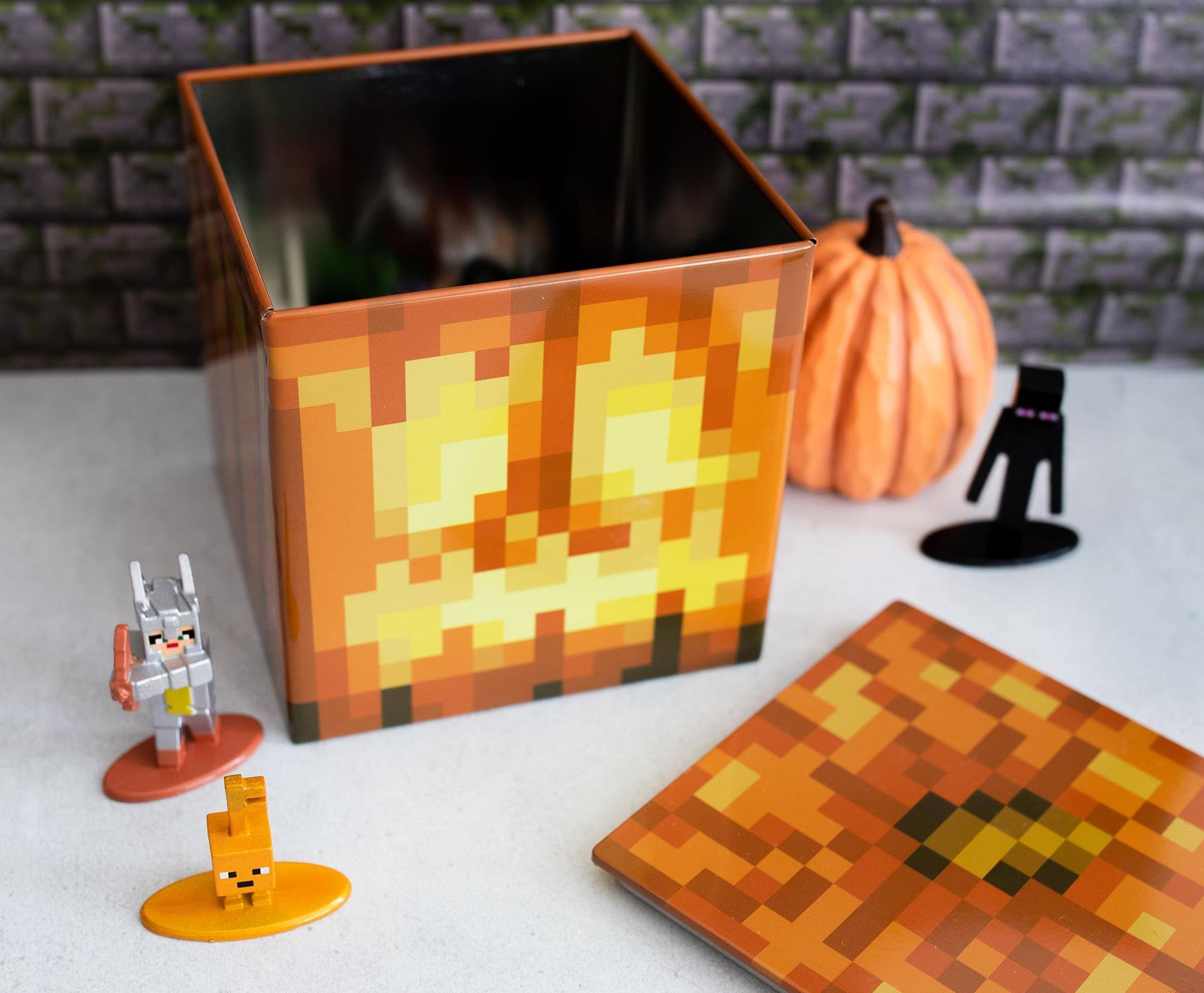 Alt View 10. Ukonic - Minecraft Jack O'Lantern Tin Storage Box Cube Organizer with Lid | 4 Inches - Brown.