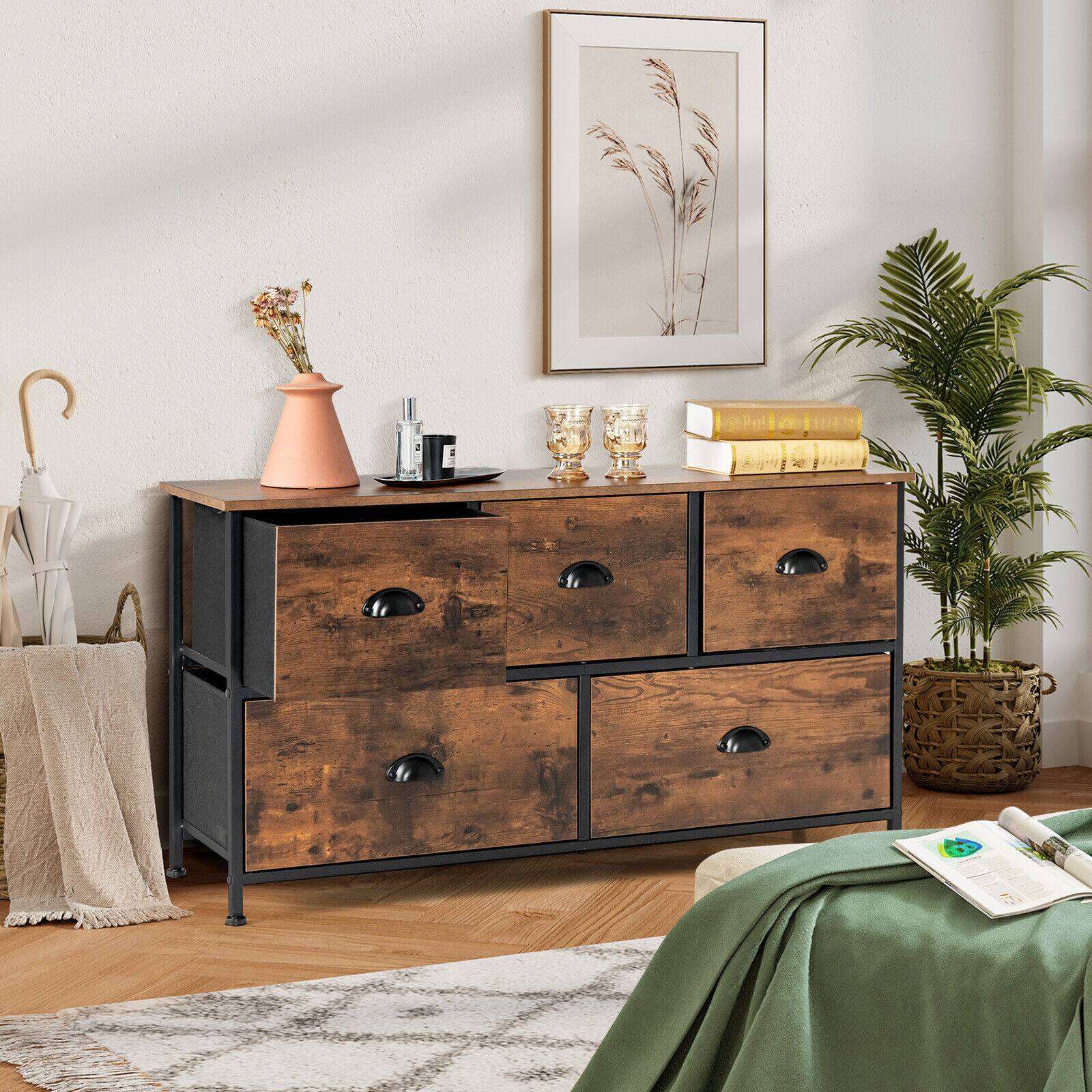 Alt View 1. Ecooso - 5-Drawer Storage Cabinet Dresser Organizer with Wooden Top for Bedroom - Brown.