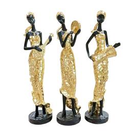 Refined Abode Design - Women Water Pot Trio Statue - Golden Textured Sculptures Set Of 3 Traditional Daily Life Figurines For Home