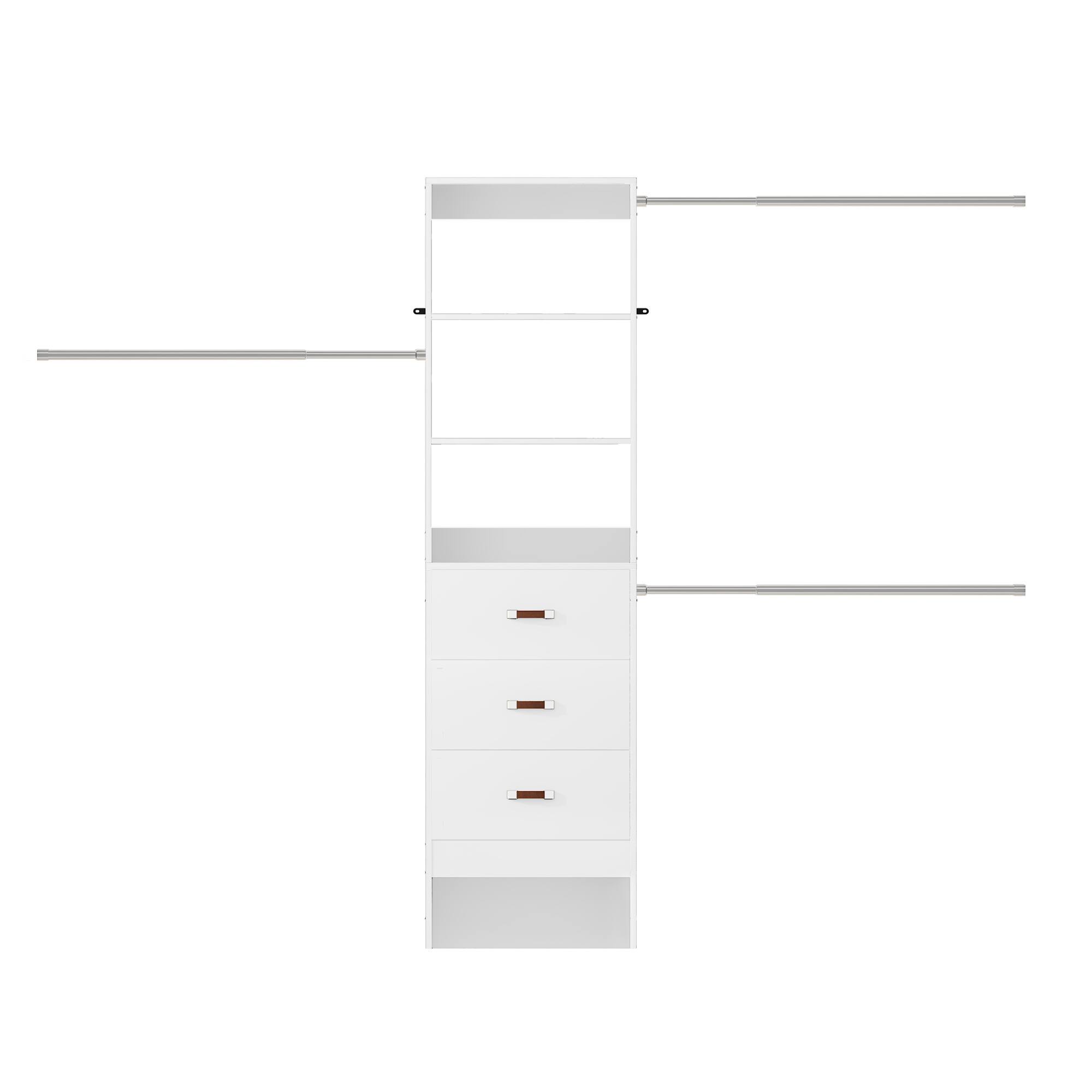 Angle. Aheaplus - 96-inch Closet System: 3 Hanging Rods & 3 Wooden Drawers, Adjustable for 5-8FT Walk-in Wardrobe - White.