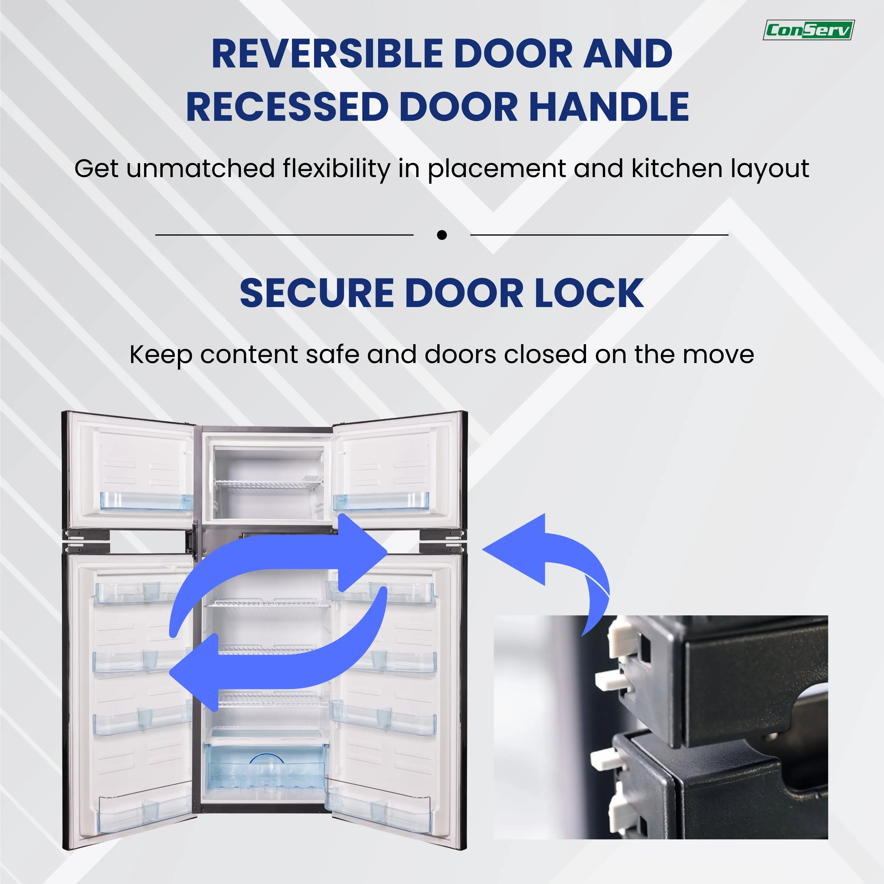 REVERSIBLE DOOR AND RECESSED DOOR HANDLE  
Get unmatched flexibility in placement and kitchen layout  

SECURE DOOR LOCK  
Keep content safe and doors closed on the move