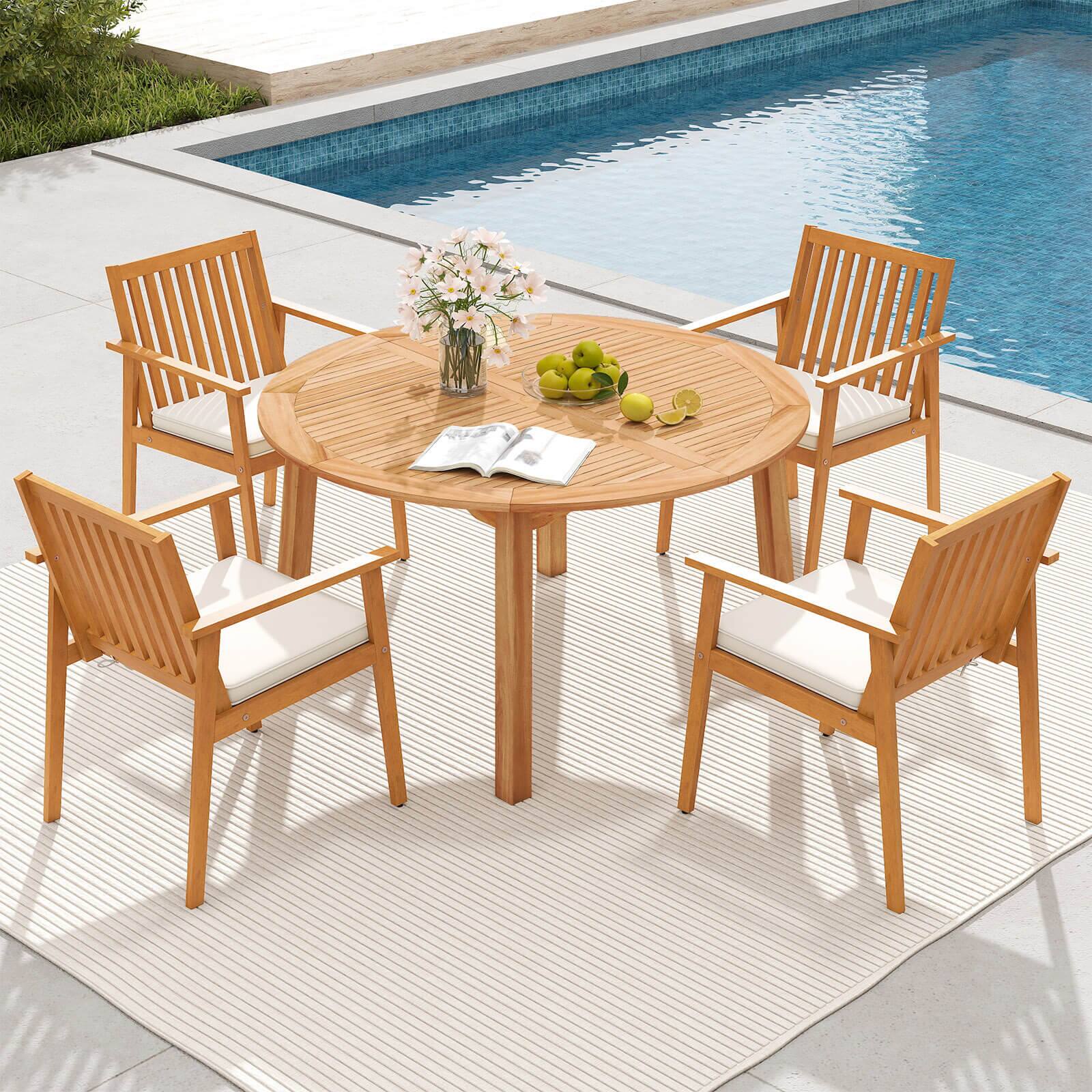 Alt View 3. Costway - Costway 5 PCS Acacia Wood Patio Dining Set with Umbrella Hole & Cushions for Deck, Garden - Natural.