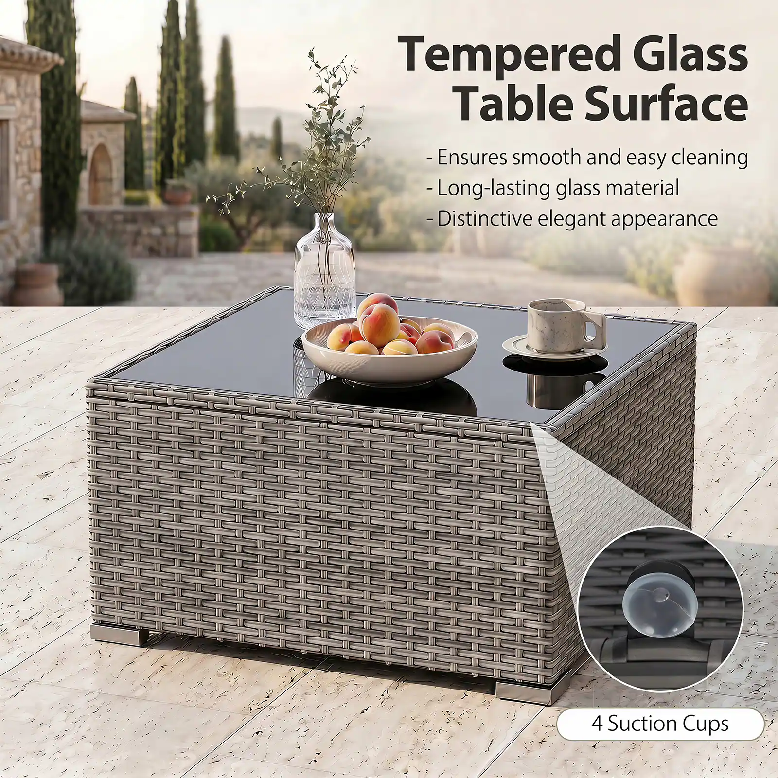 Tempered Glass Table Surface  
- Ensures smooth and easy cleaning  
- Long-lasting glass material  
- Distinctive elegant appearance  

4 Suction Cups