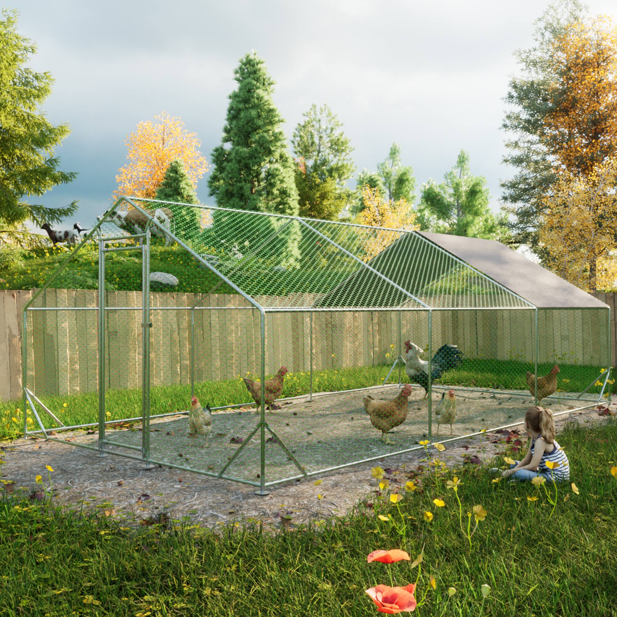 Left. Mondawe - 10ft x 20ft Large Metal Walk-in Chicken Coop with Waterproof and Anti-Ultraviolet Cover.