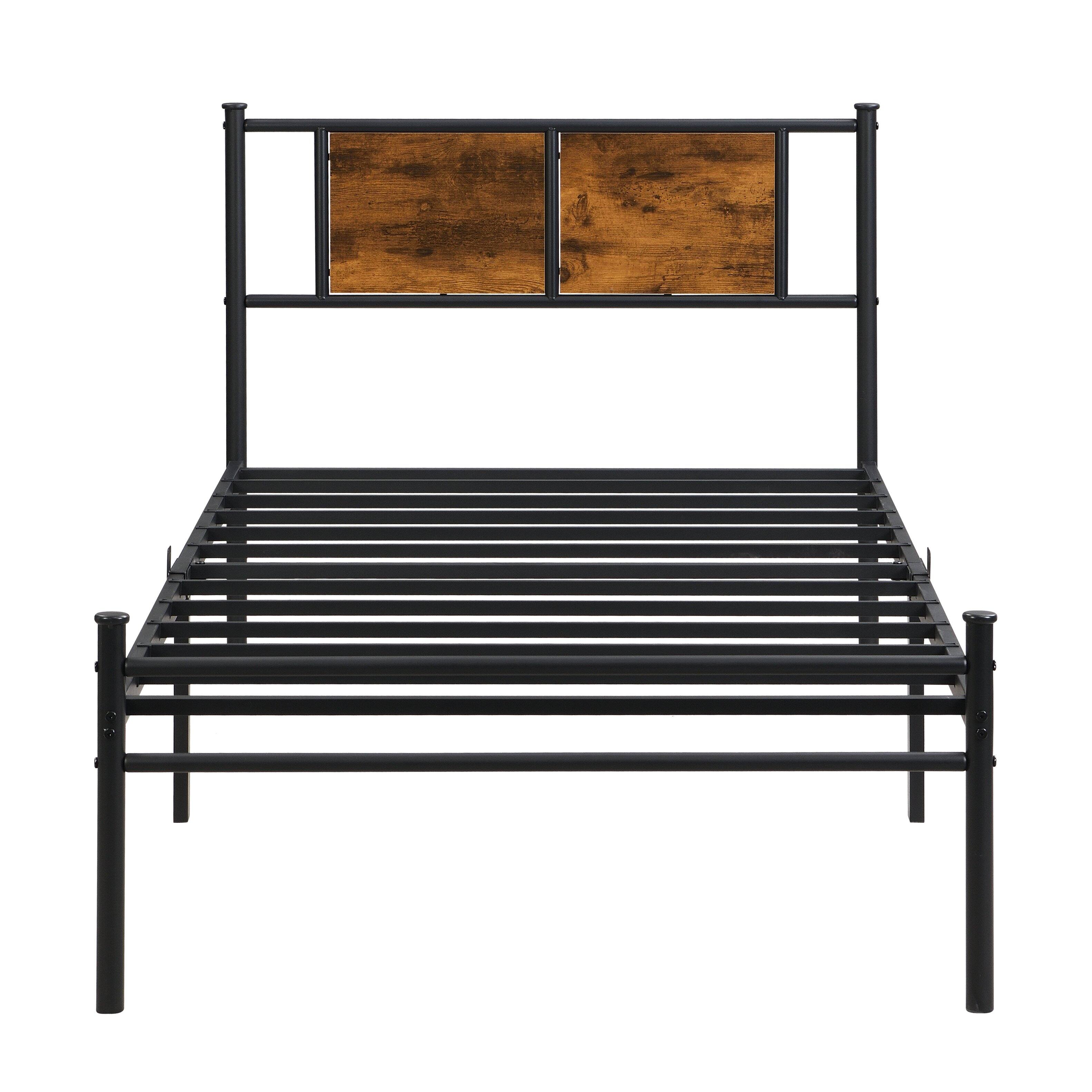 Back. LUCKY ONE - Twin XL Size Metal Bed Frame with Wood Panel Headboard, Steel Structure - Black+Brown.