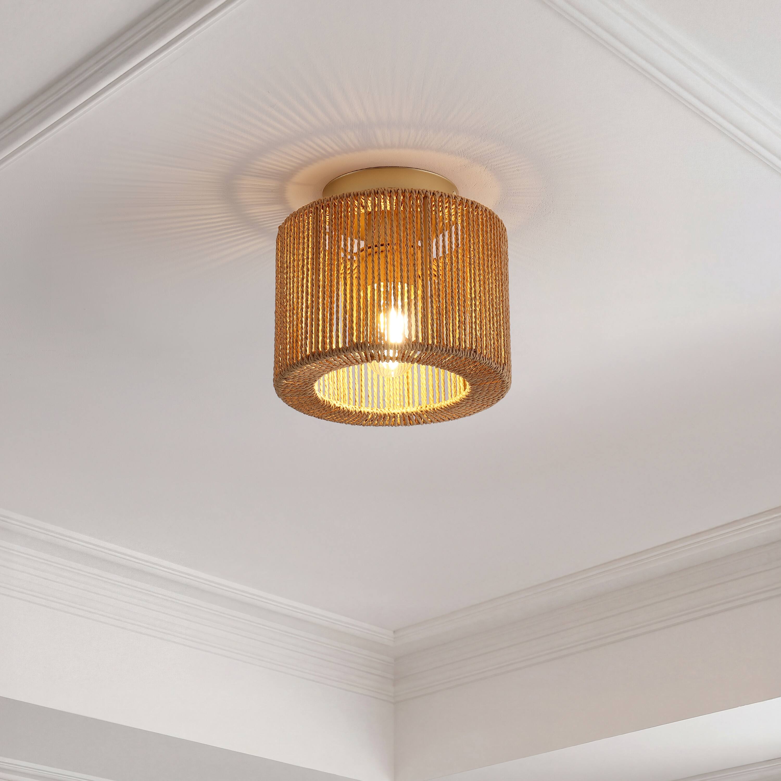 Alt View 7. Jonathan Y - Omar Set of 2 Modern 8" Gold Painting Metal Flush Mount with Brown Paper Cylinder Straight Weave Shade, for Bedroom - Brown.