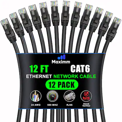 Maximm 12 FT CAT6 ETHERNET NETWORK CABLE 12 PACK RoHS COMPLIANT 24 AWG 550 MHZ RJ45 ROHS Verified